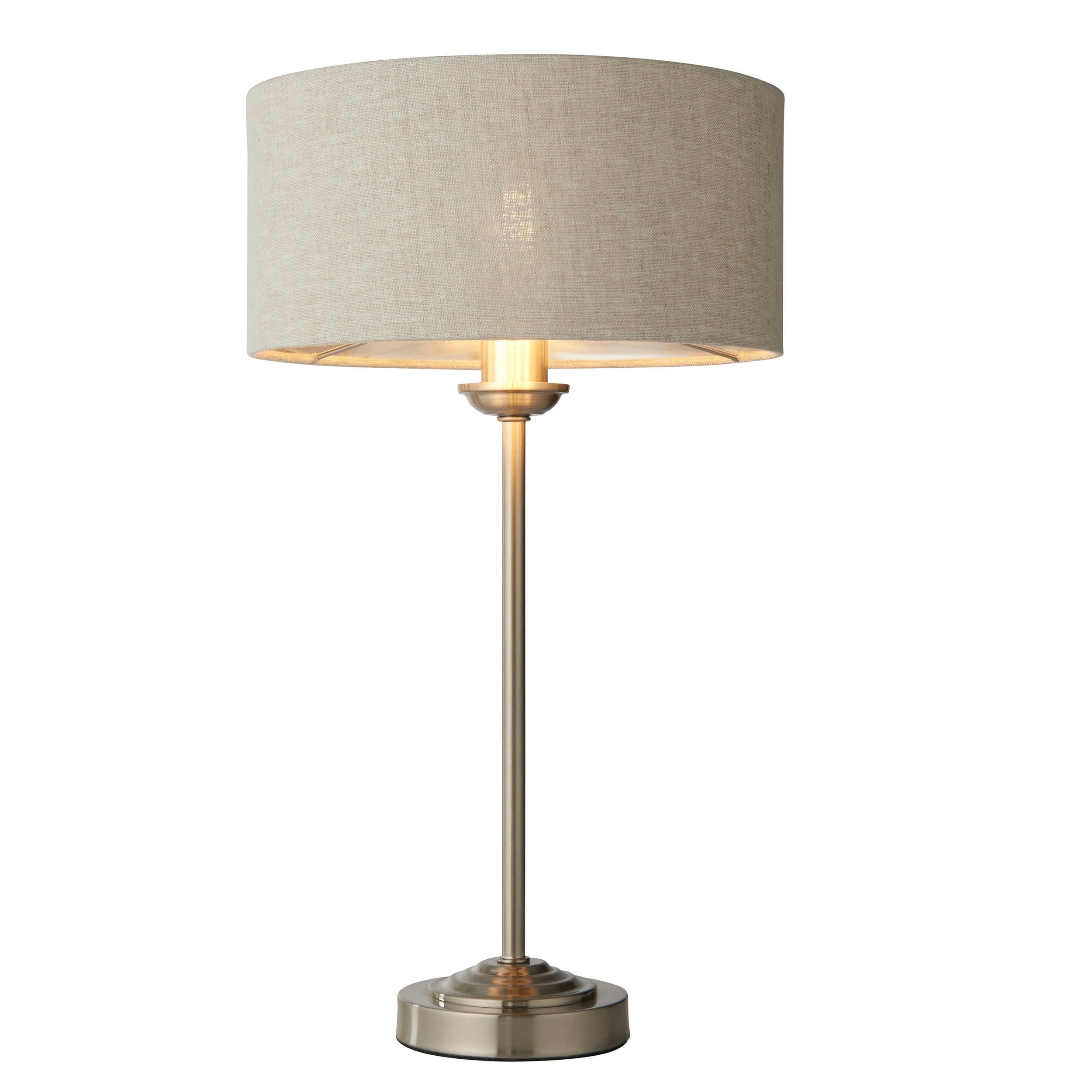 highclere brushed chrome table lamp linen shade by Endon Lighting Living room close up image