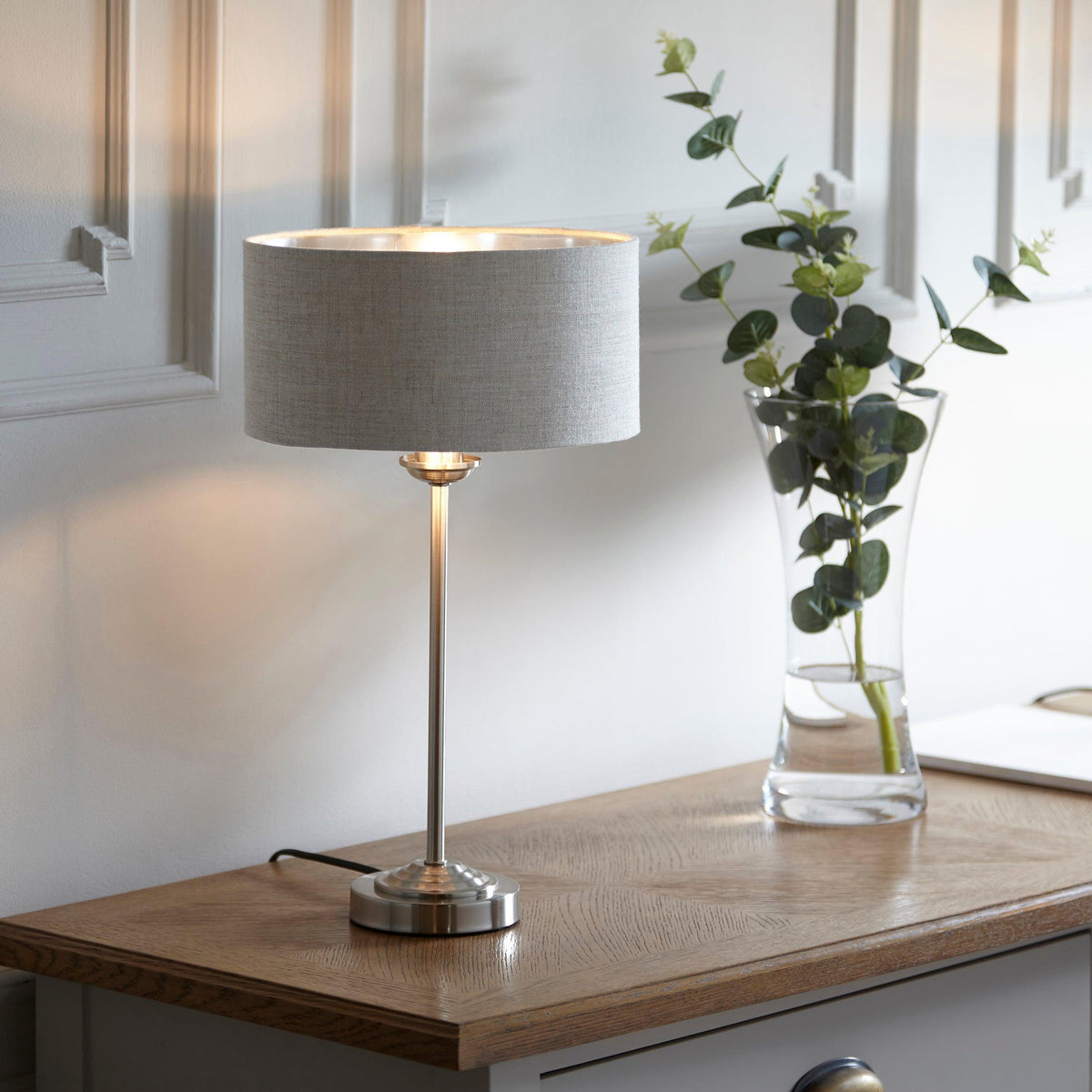 Endon Highclere Brushed Chrome Table Lamp - Linen Shade-warehouse-180926