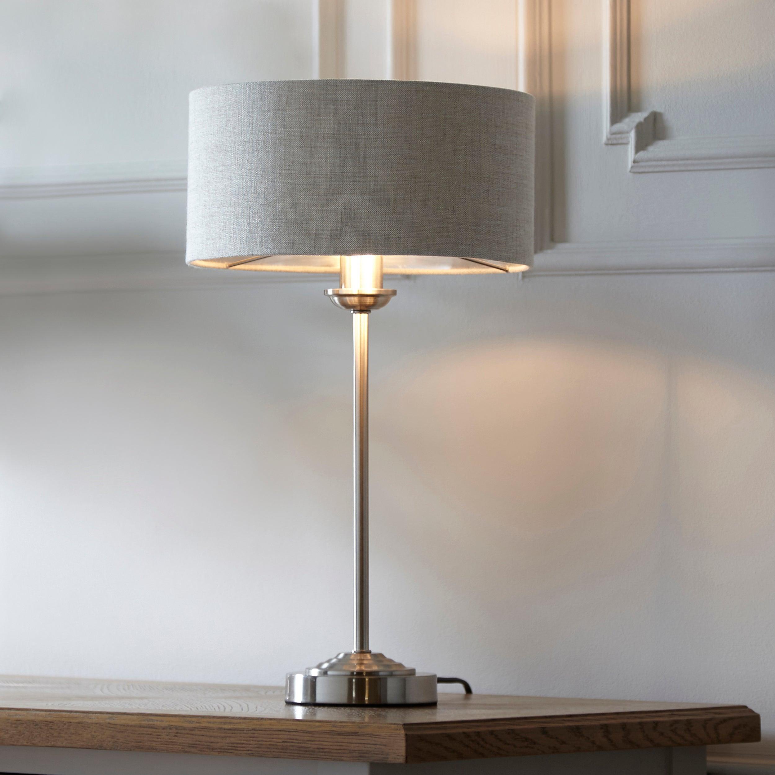 highclere brushed chrome table lamp linen shade by Endon Lighting Bedroom Close Up Image