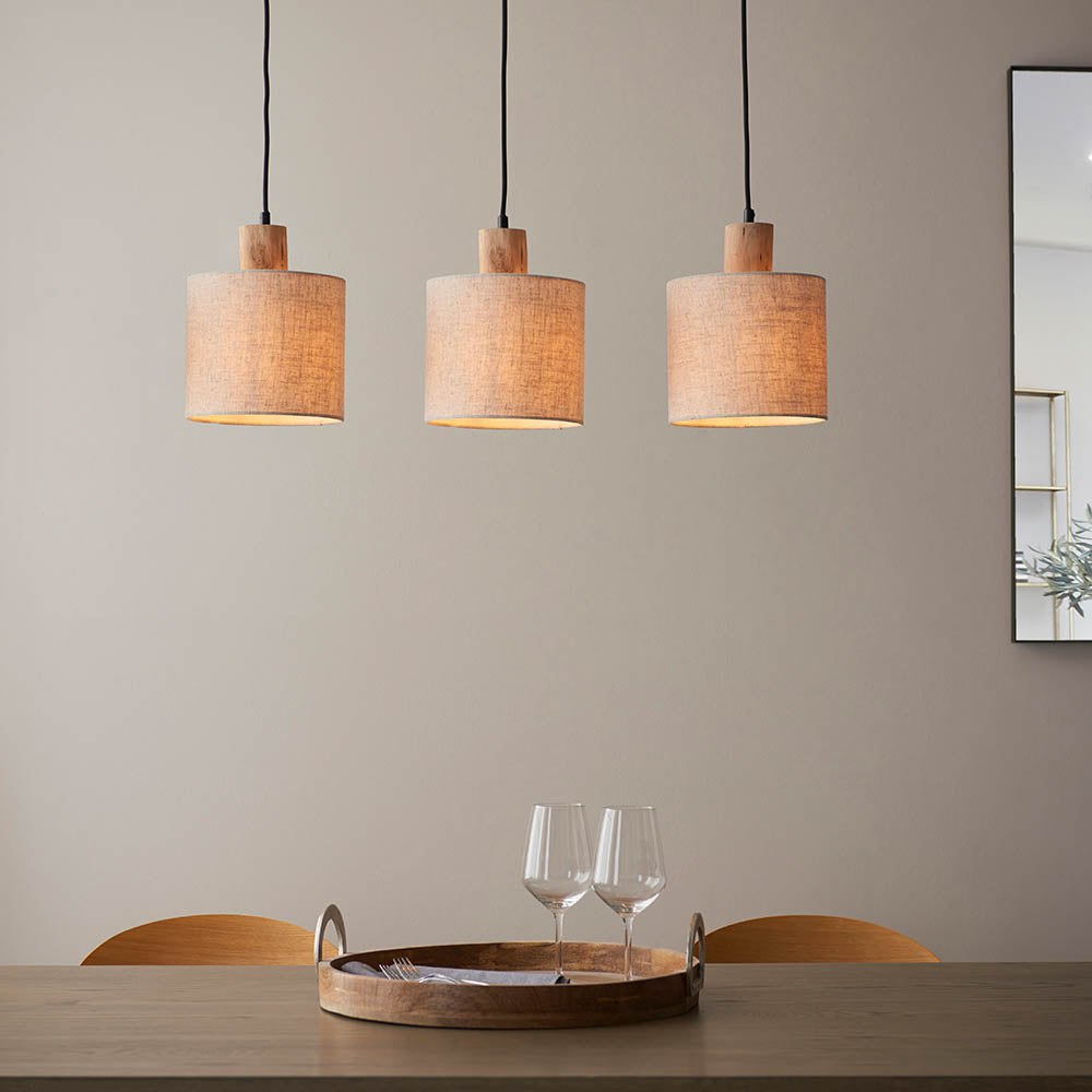 Durban 3 Light Linear Black & Wood Pendant - Linen Shades