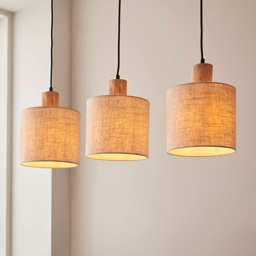 Durban 3 Light Linear Black & Wood Pendant - Linen Shades