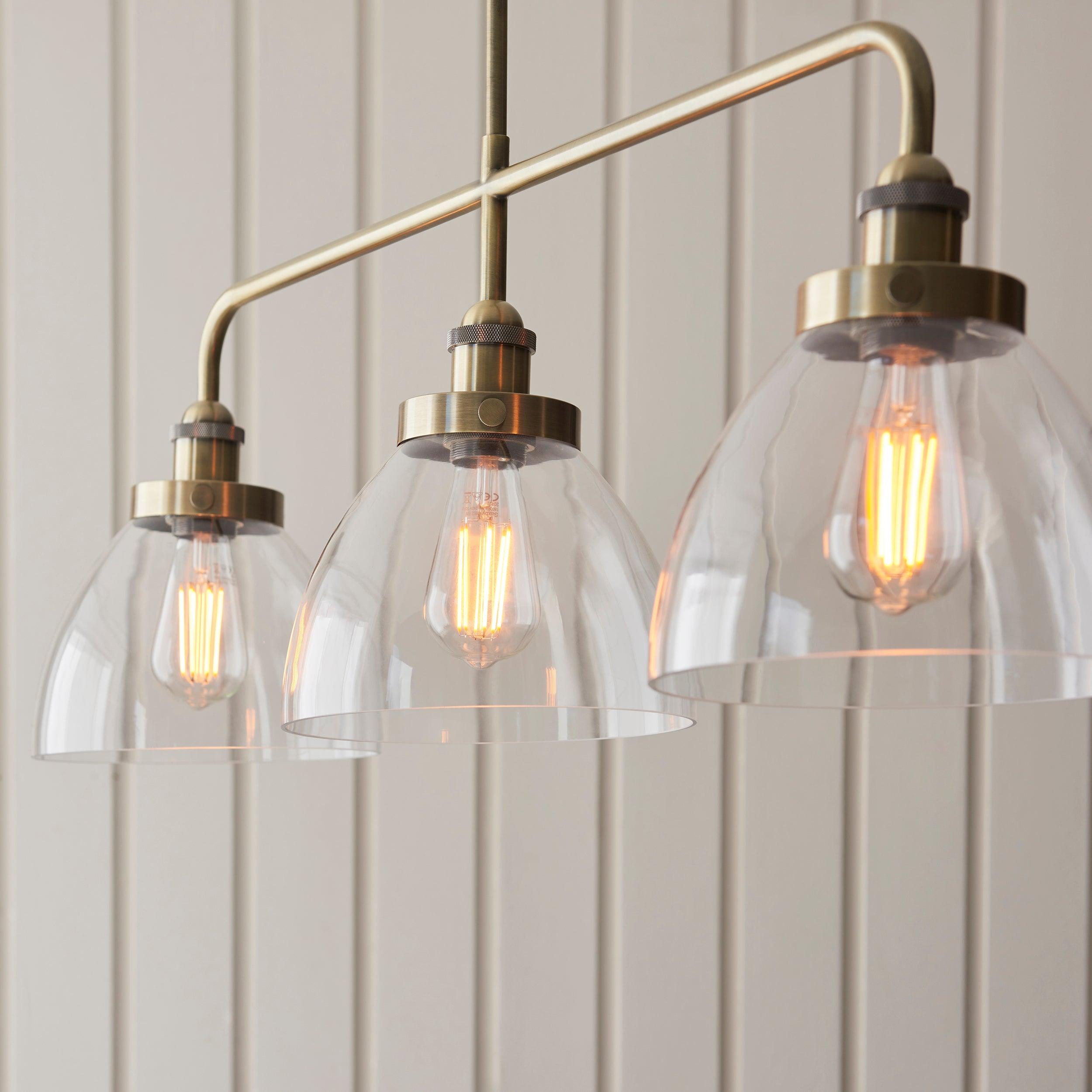 hansen linear 3 light brass pendant glass shades by Endon Lighting Hallway lights Close Up