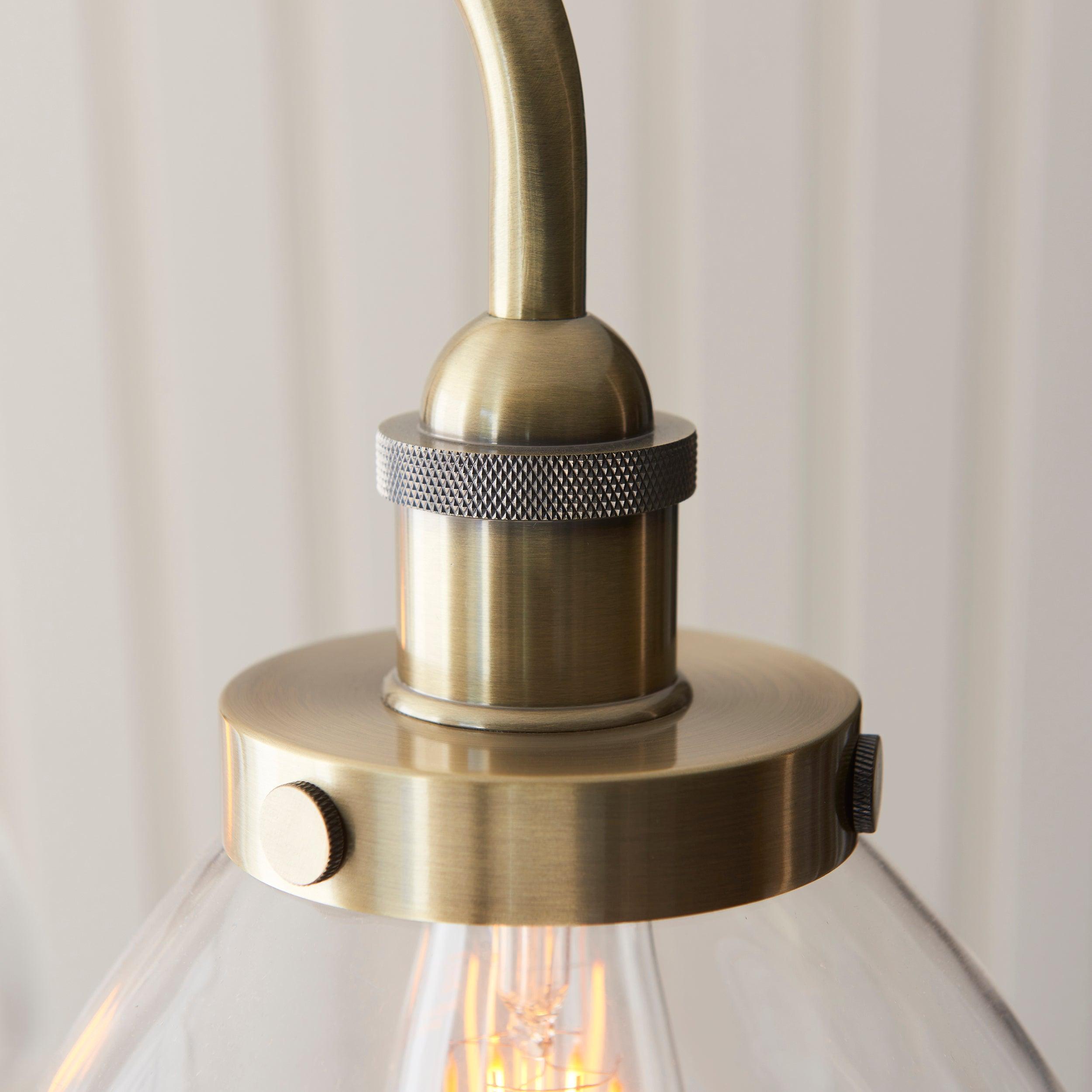 hansen linear 3 light brass pendant glass shades by Endon Lighting Kitchen Lights CLose Up