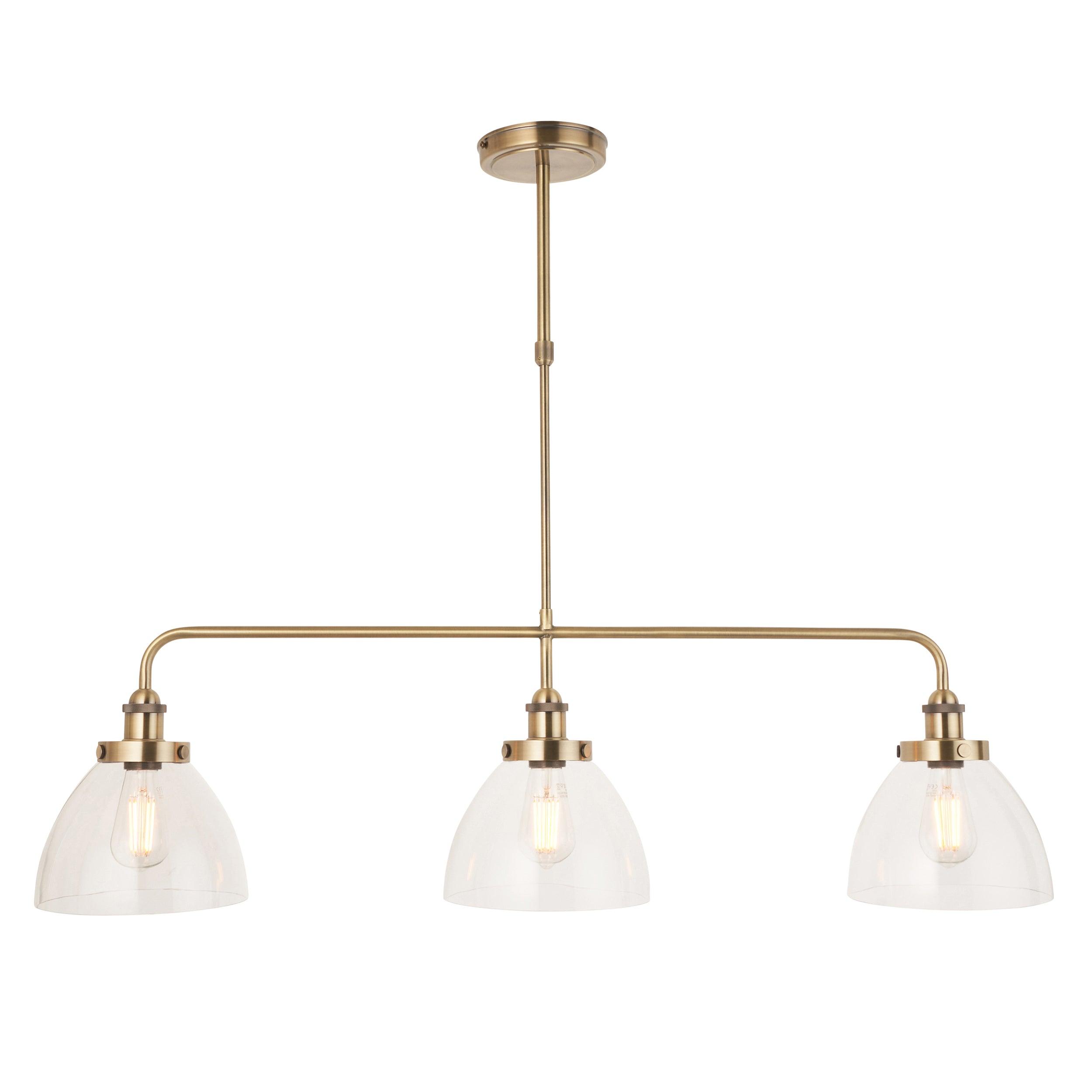 hansen linear 3 light brass pendant glass shades by Endon Lighting Living Room Unlit Shot