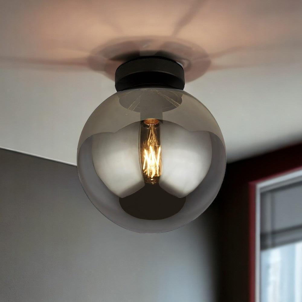 Amsterdam 1 Light Black Ceiling Flush - Smoked Glass Shade Living Room Image 1