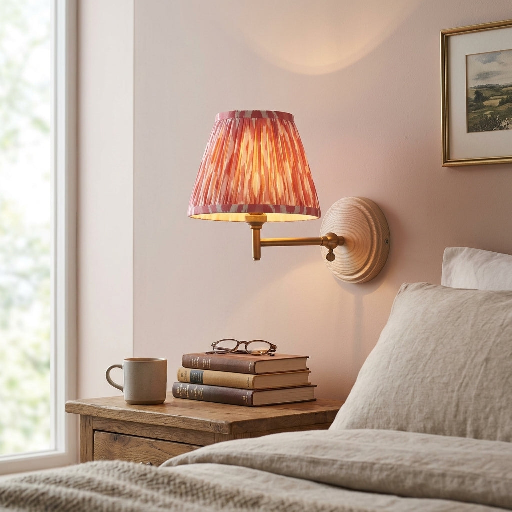 Wood Fold Wall Light & Ikat 16cm Coral Pink Shade by Endon Lighting — suits living rooms, bedrooms & hallways