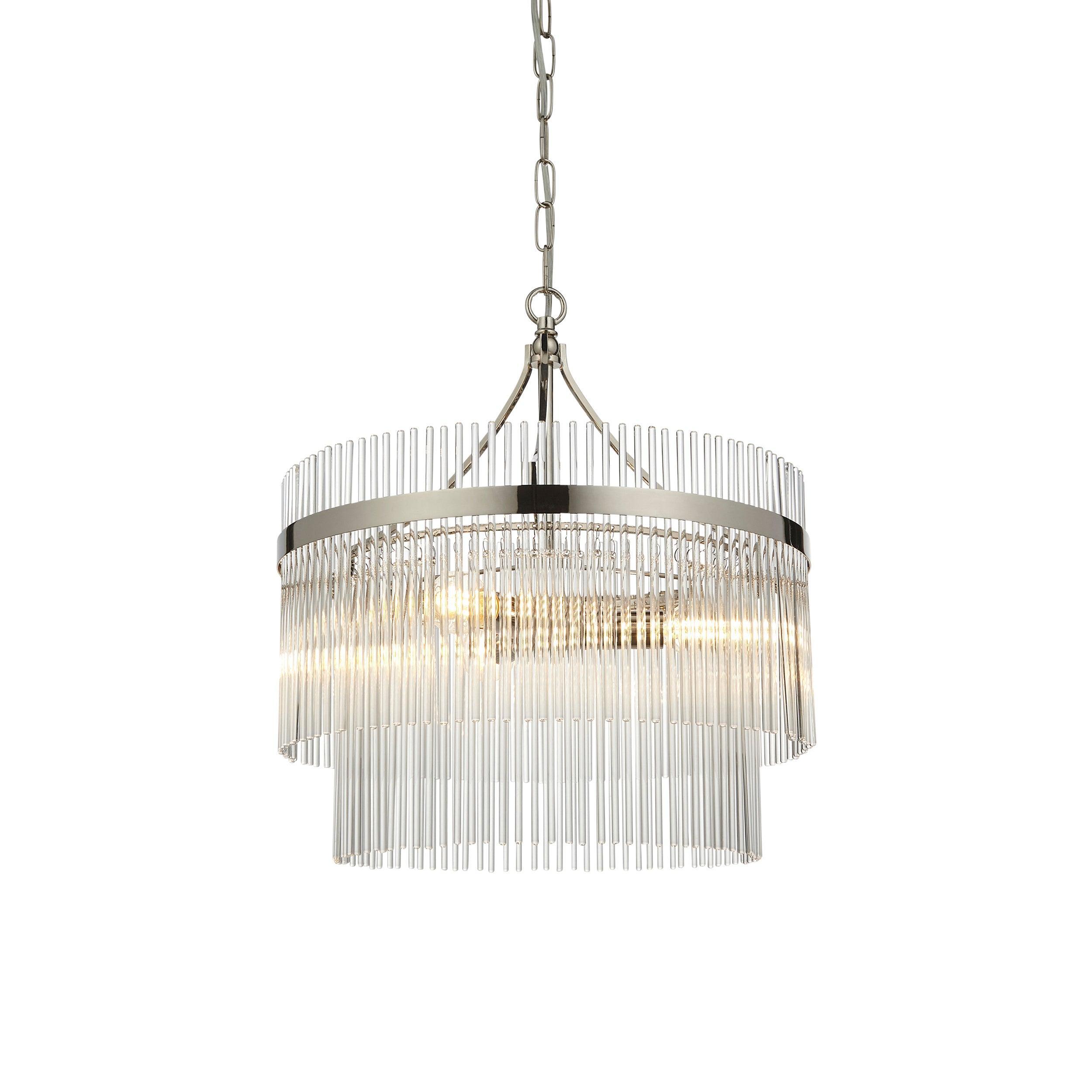 Marietta 3 Light Nickel & Glass Rod Ceiling Pendant-Ceiling Pendant Lights-Endon Lighting living room 2nd close upTiffany Lighting Direct