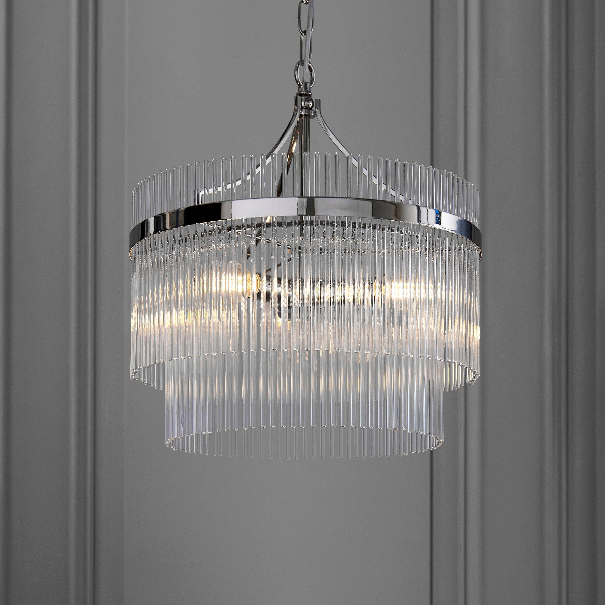 Marietta 3 Light Nickel & Glass Rod Ceiling Pendant-Ceiling Pendant Lights-Endon Lighting living room close. up unlit Tiffany Lighting Direct