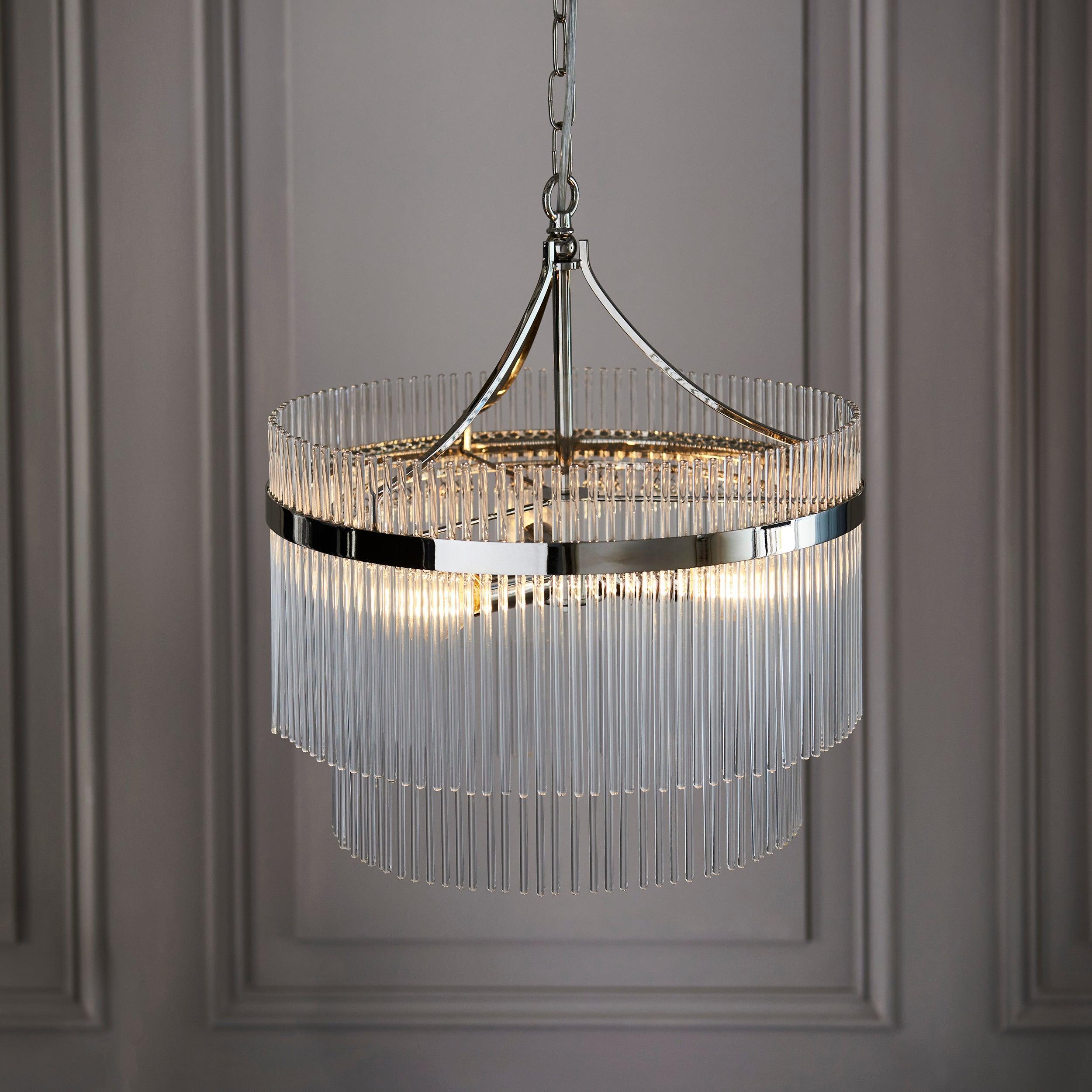 Marietta 3 Light Nickel & Glass Rod Ceiling Pendant-Ceiling Pendant Lights-Endon Lighting Living Room Lighting Tiffany Lighting Direct