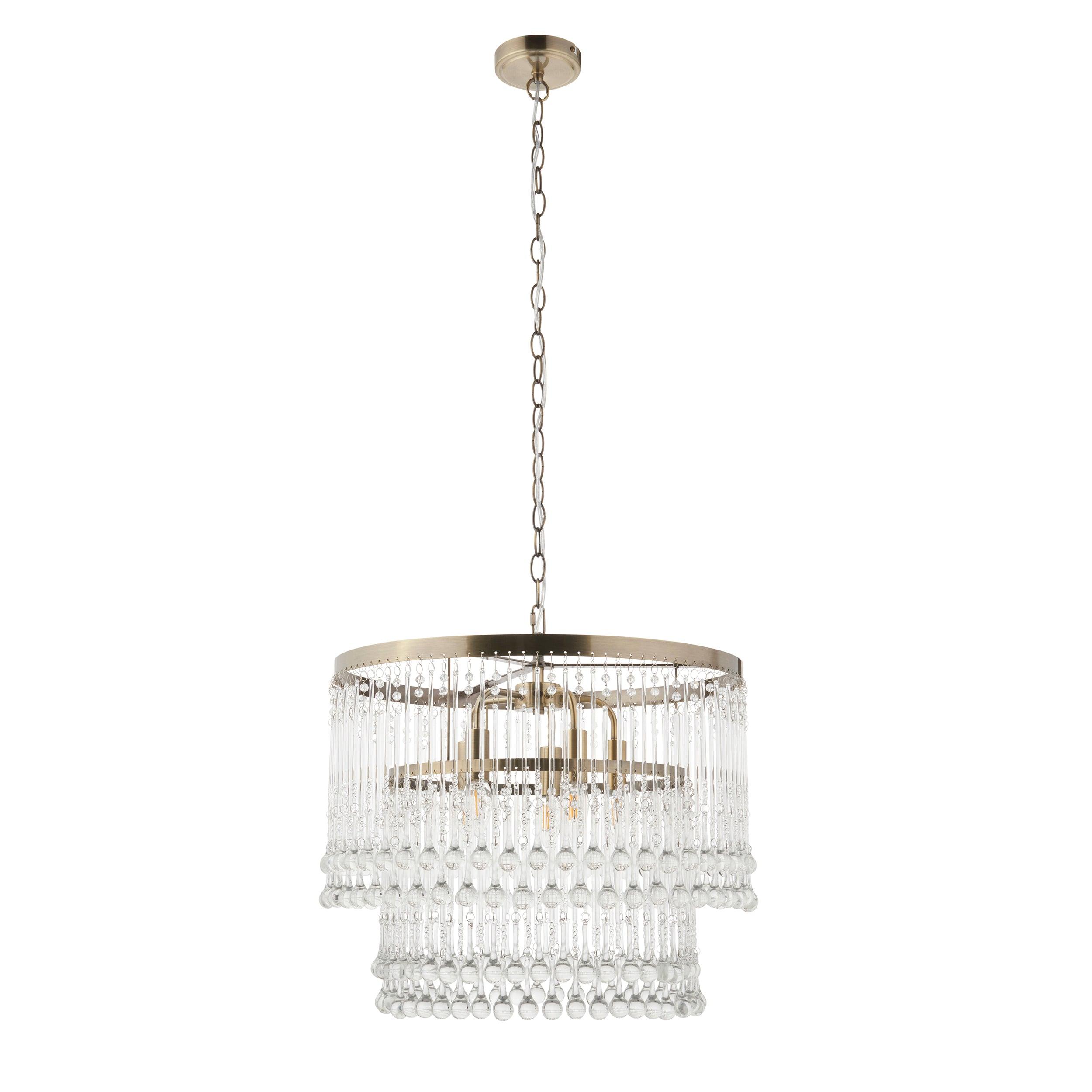 Genevieve 5 Light Brass and Clear Glass Droplet Chandelier