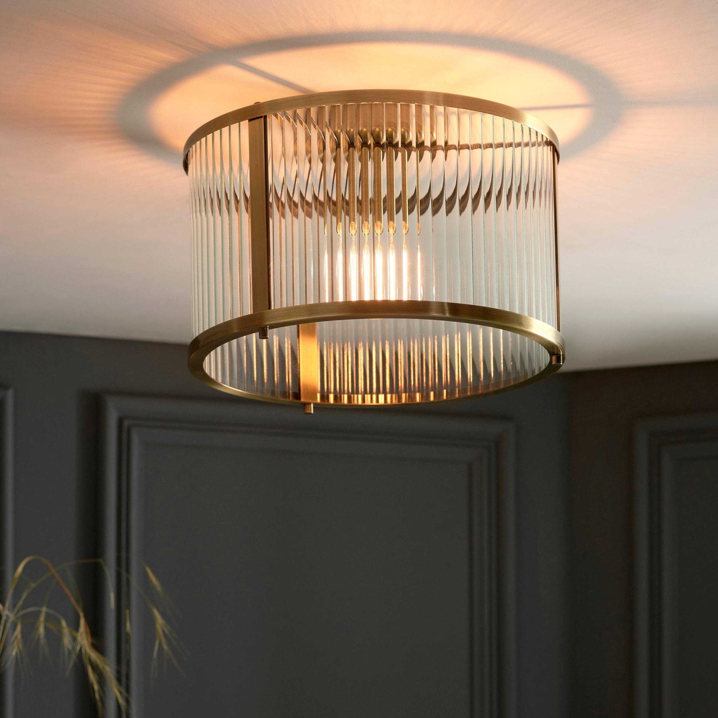 Endon Ridgeton Antique Brass & Ribbed Shade Glass Ceiling Flush_lifestyle_lit Living Room