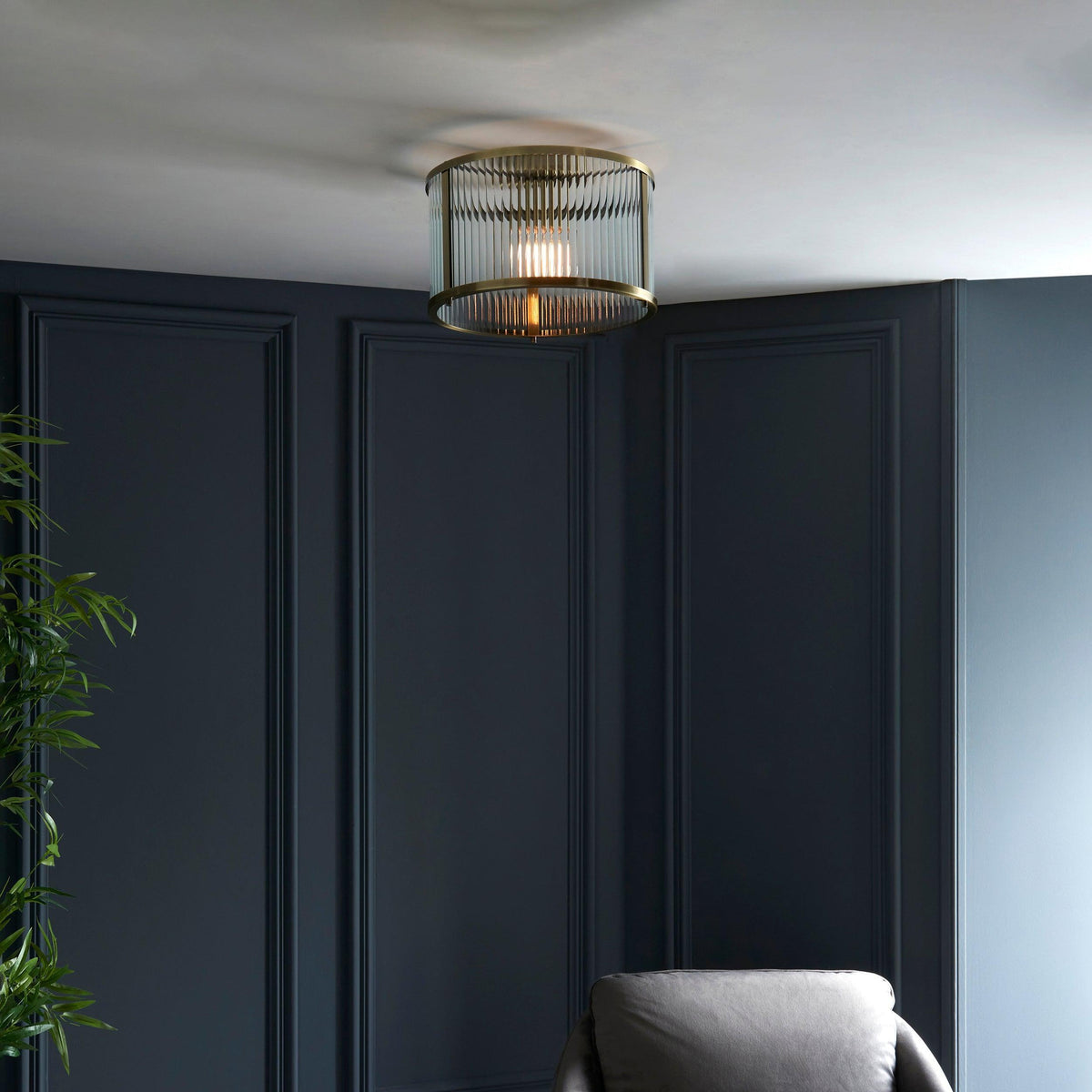 Endon Ridgeton Antique Brass & Ribbed Shade Glass Ceiling Flush-OB-180926
