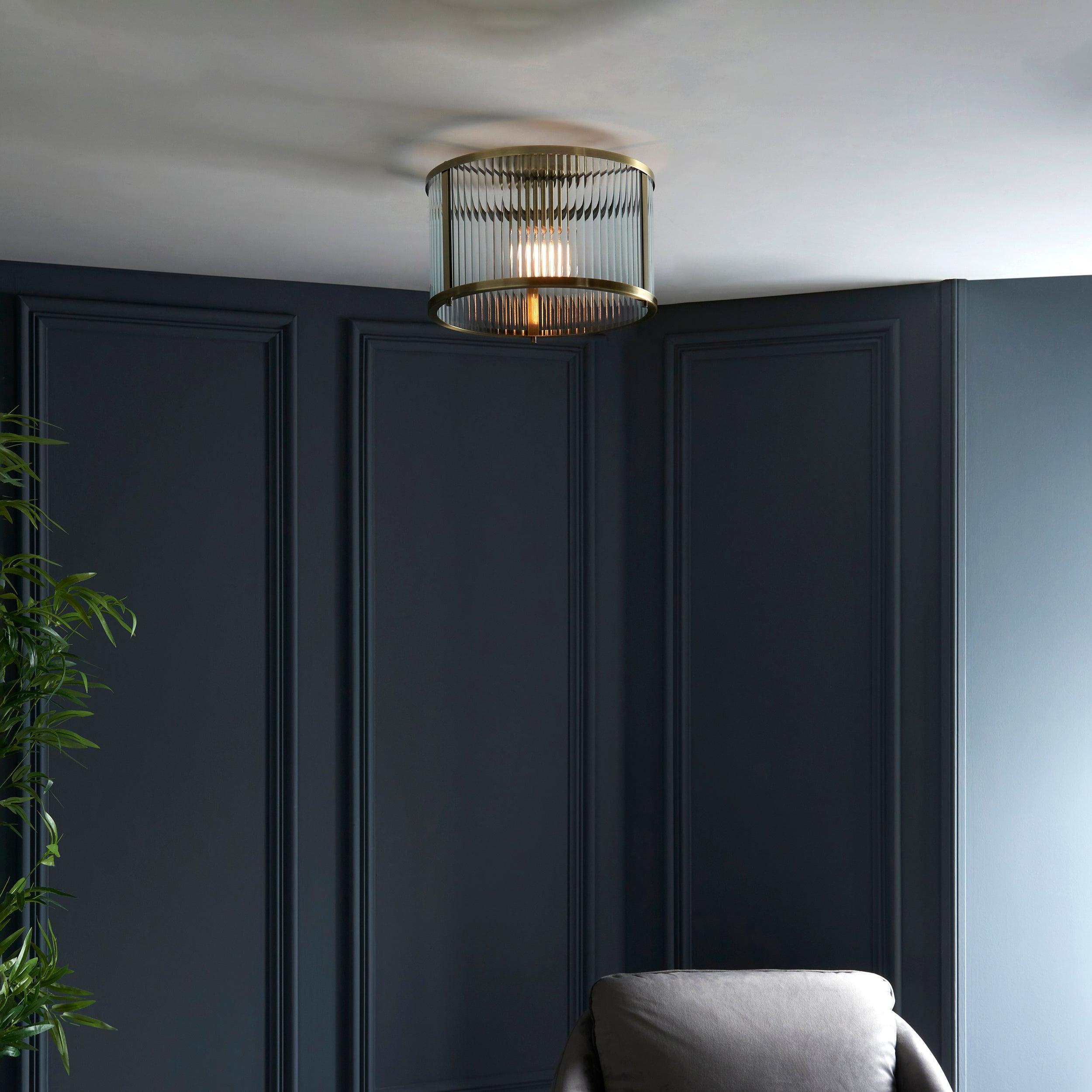 Endon Ridgeton Antique Brass & Ribbed Shade Glass Ceiling Flush-OPEN-BOX-040626