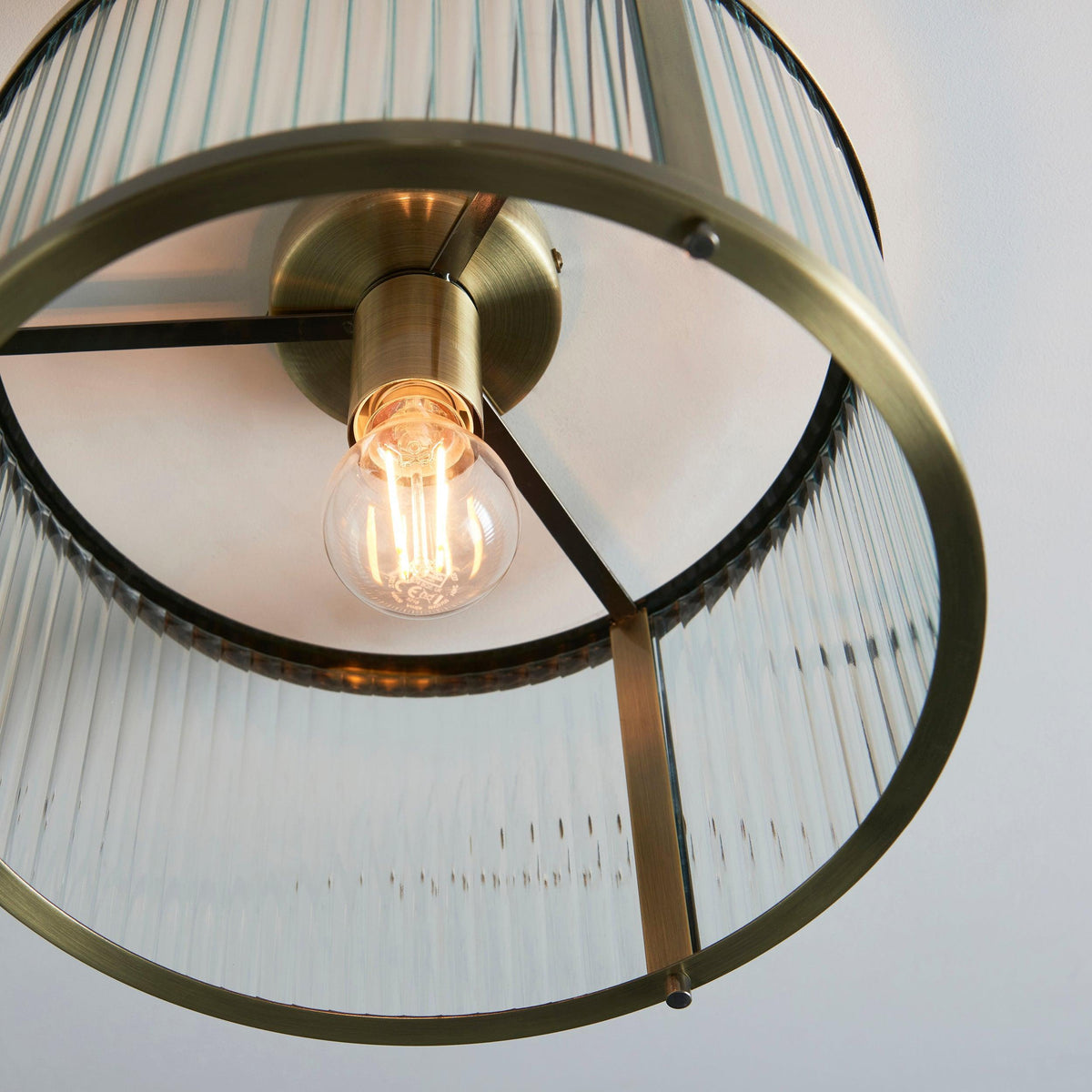 Endon Ridgeton Antique Brass & Ribbed Shade Glass Ceiling Flush-OB-180926