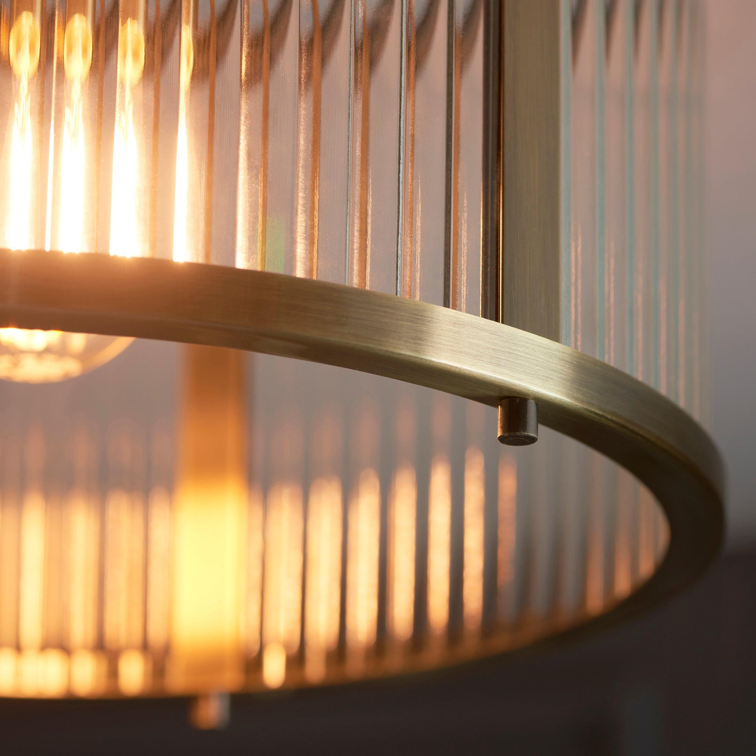 Endon Ridgeton Antique Brass & Ribbed Shade Glass Ceiling Flush_close-up Living Room