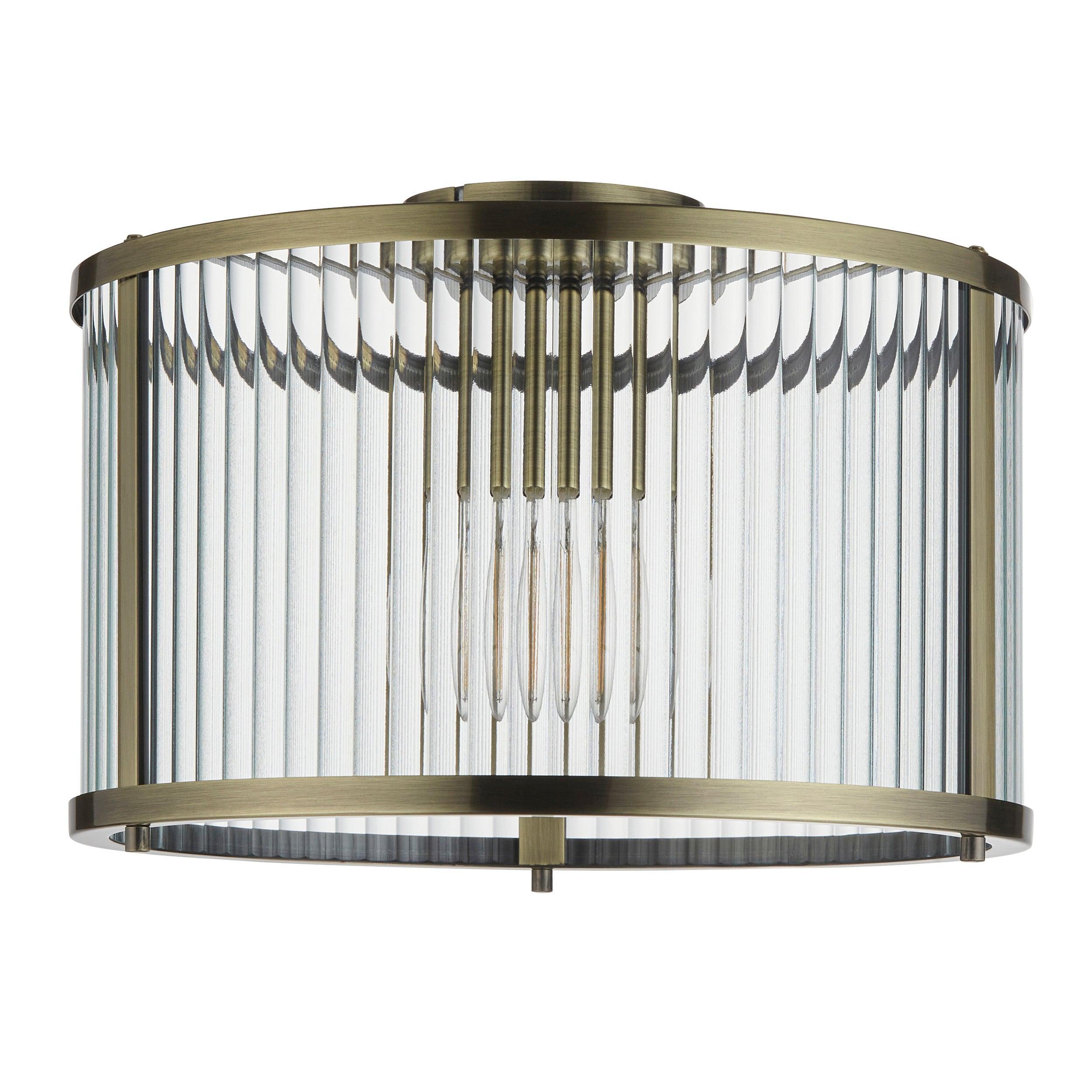Endon Ridgeton Antique Brass & Ribbed Shade Glass Ceiling Flush_unilit Living Room