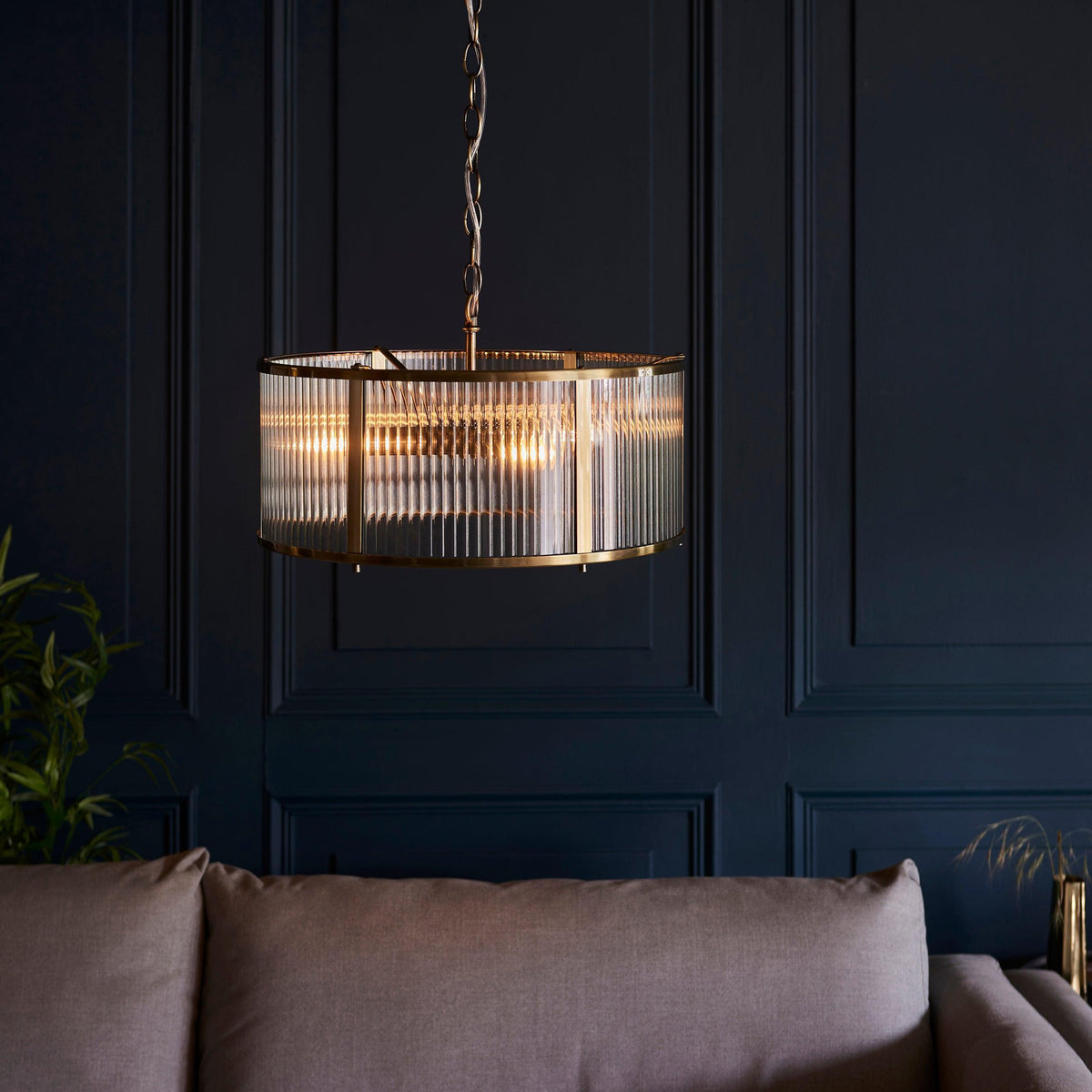Ridgeton 3 Light Antique Brass & Ribbed Shade Glass Pendant-OB-180926