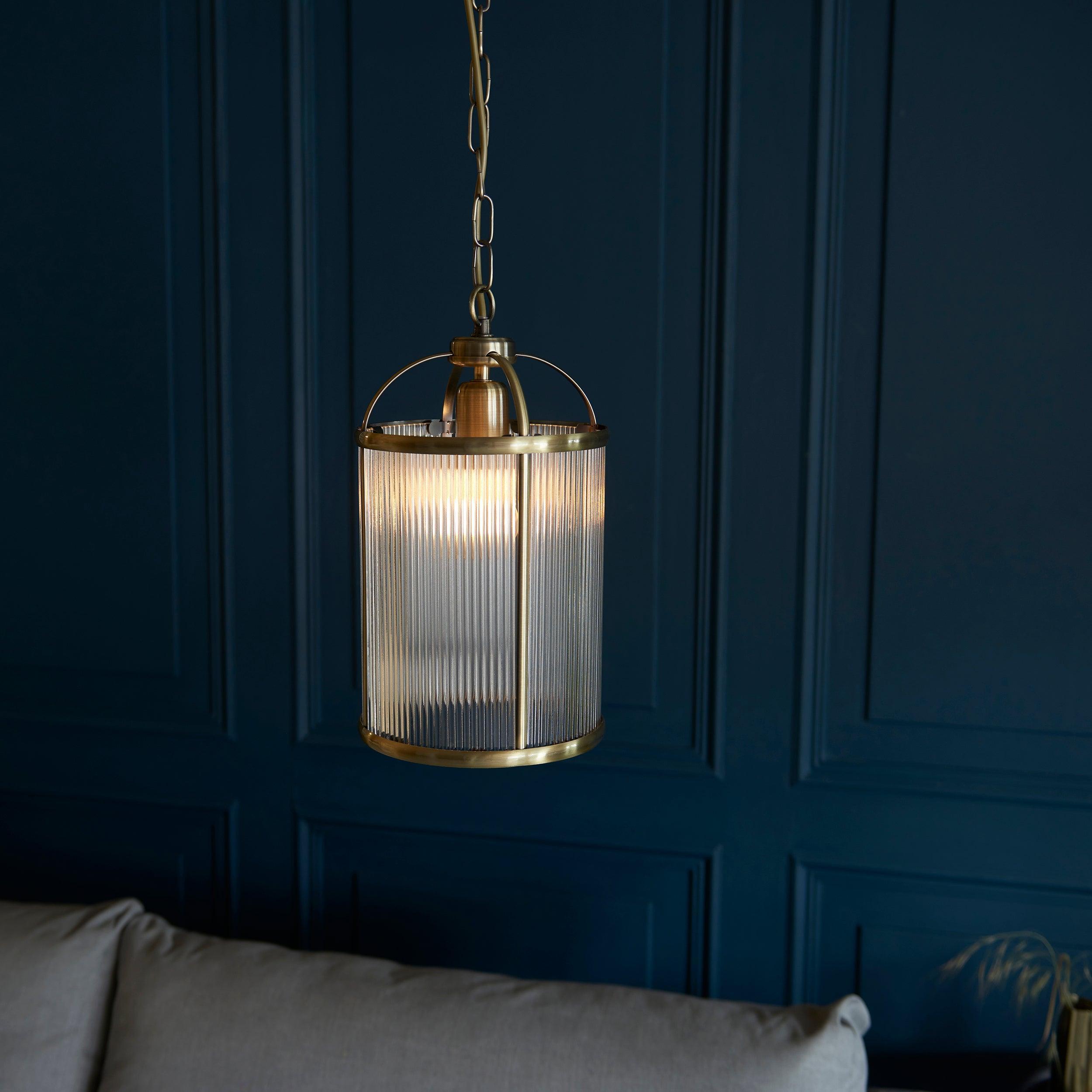 Lambeth Brass & Ribbed Glass Ceiling Pendant 106710_Lifestyle shot