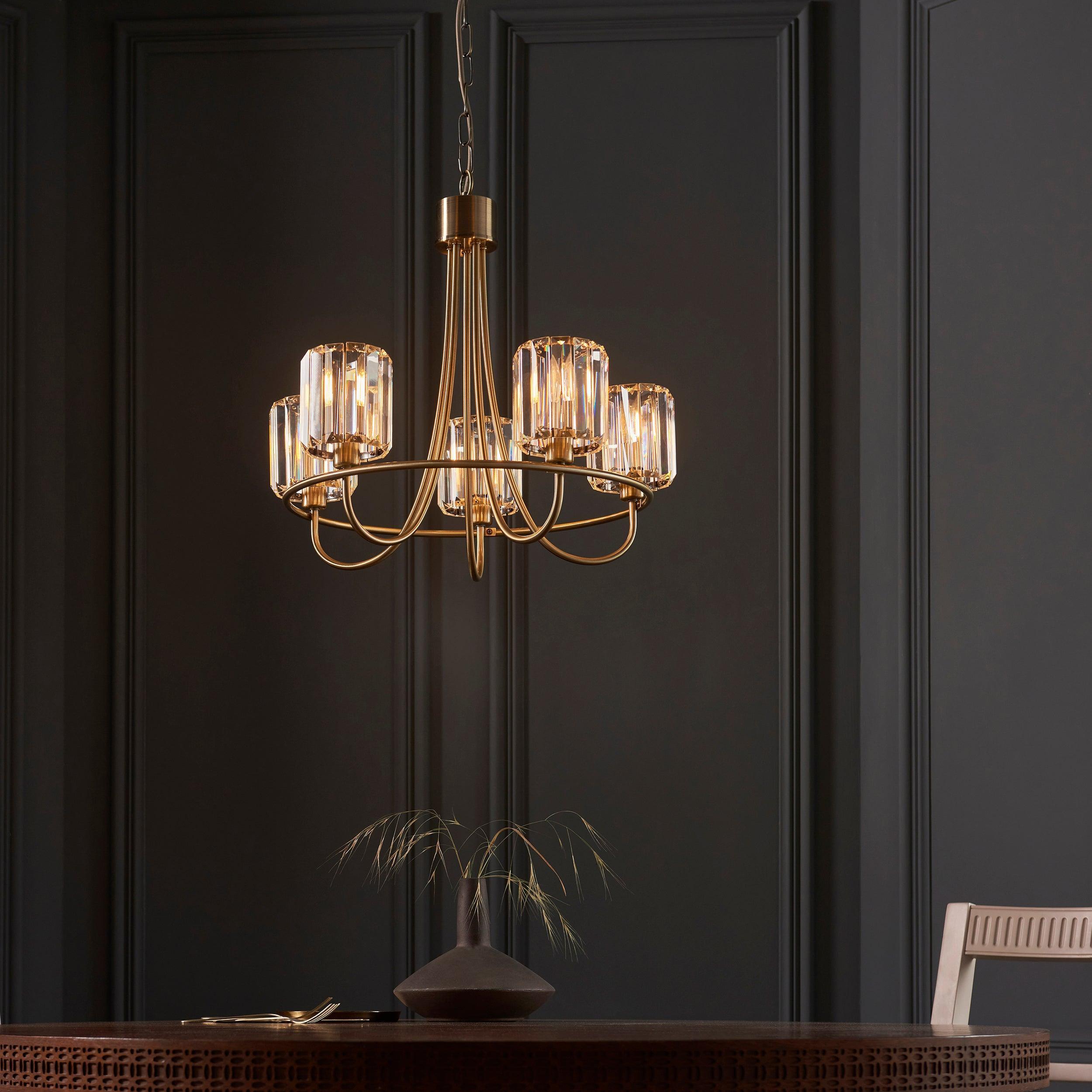 Berenice Brass 5 Light Pendant - Clear Cut Glass Shades-OPEN-BOX-BSL-270826