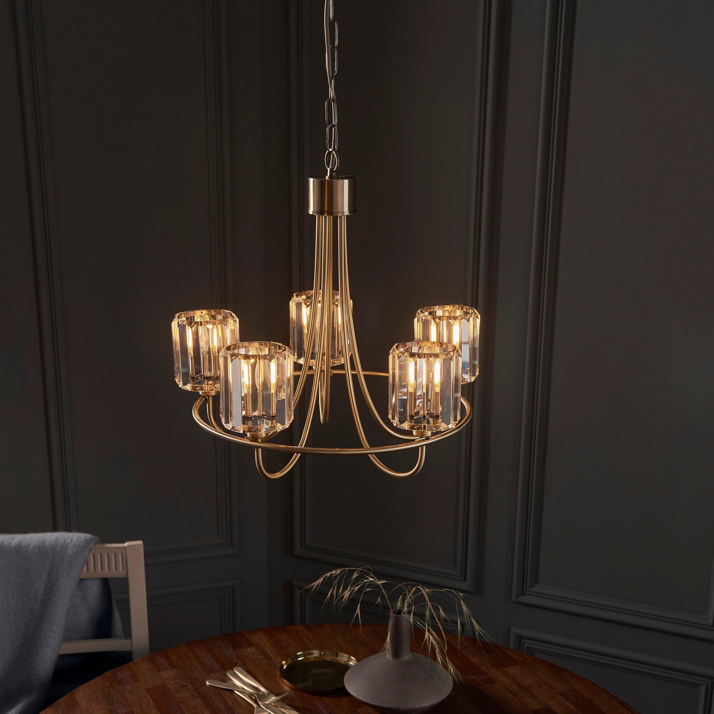 Berenice Brass 5 Light Pendant - Clear Cut Glass Shades-OPEN-BOX-BSL-270826