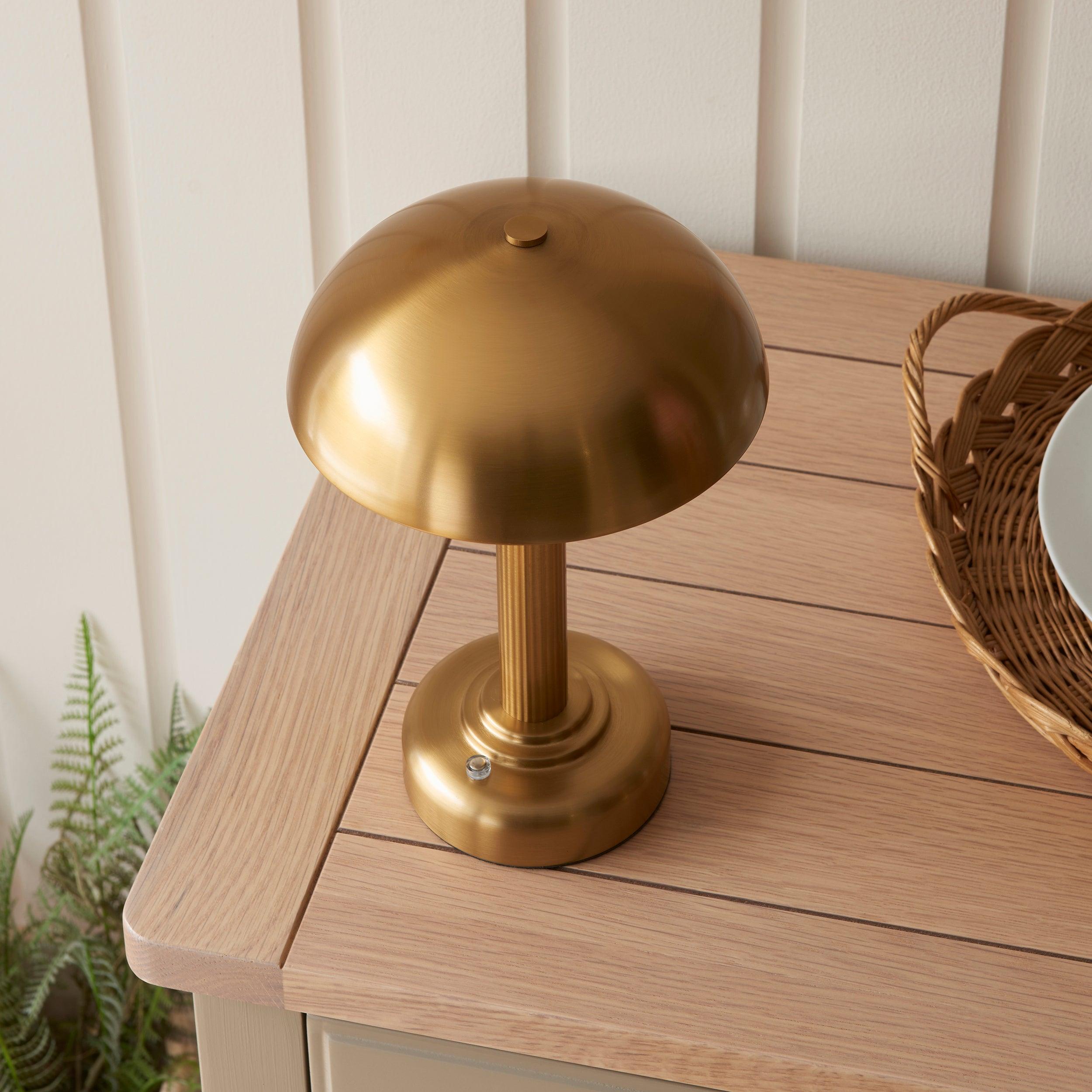 bridport rechargeable led cordless dimmable brass table lamp by Endon Lighting Bedroom Hero Shot