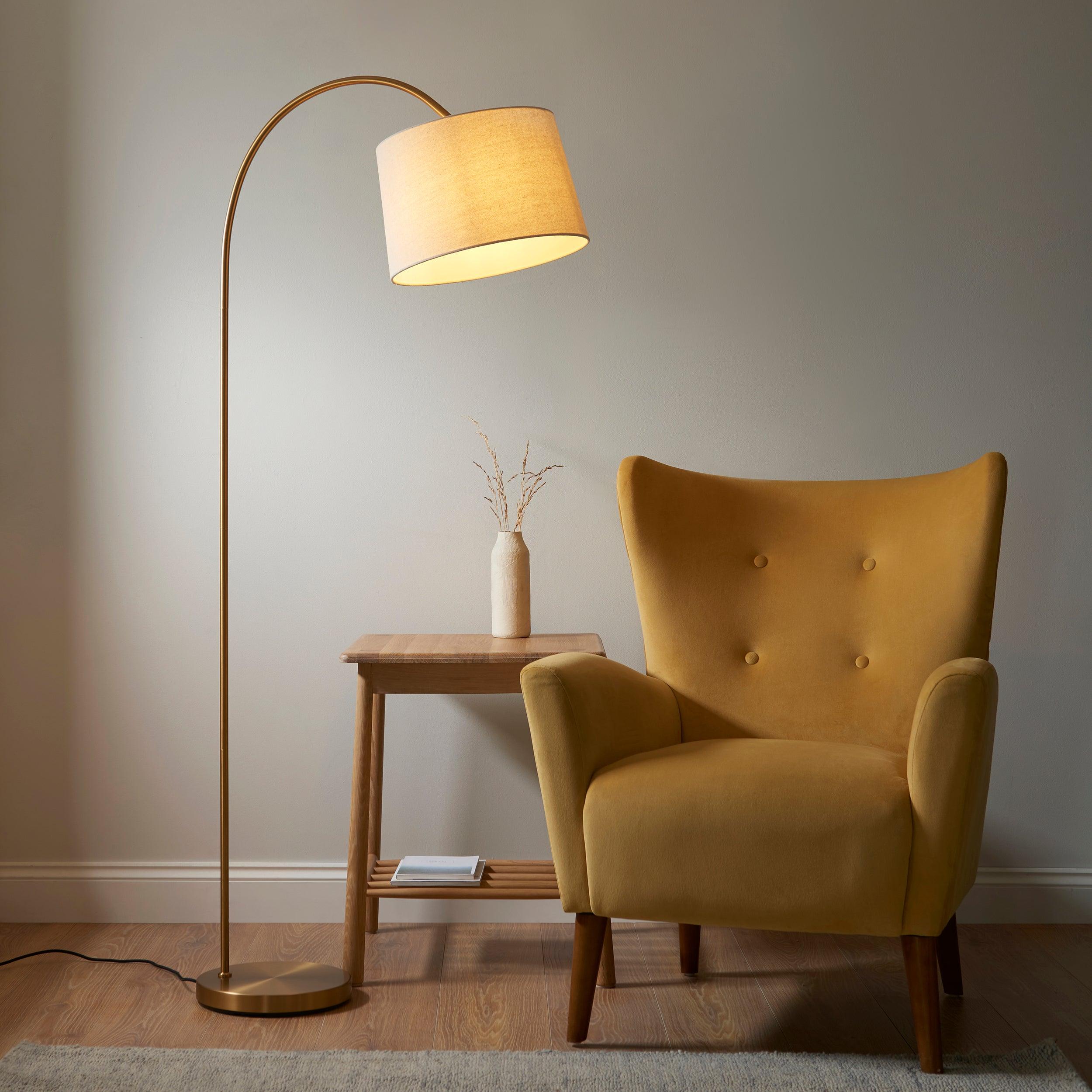 carlson brass modern floor lamp natural shade by Endon Lighting Living room image