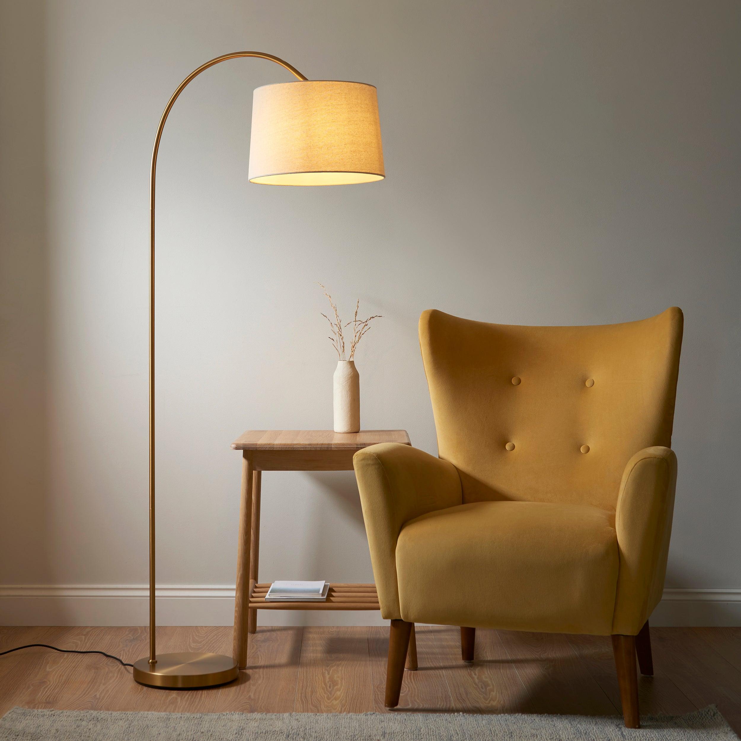 carlson brass modern floor lamp natural shade by Endon Lighting Bedroom Hero Shot