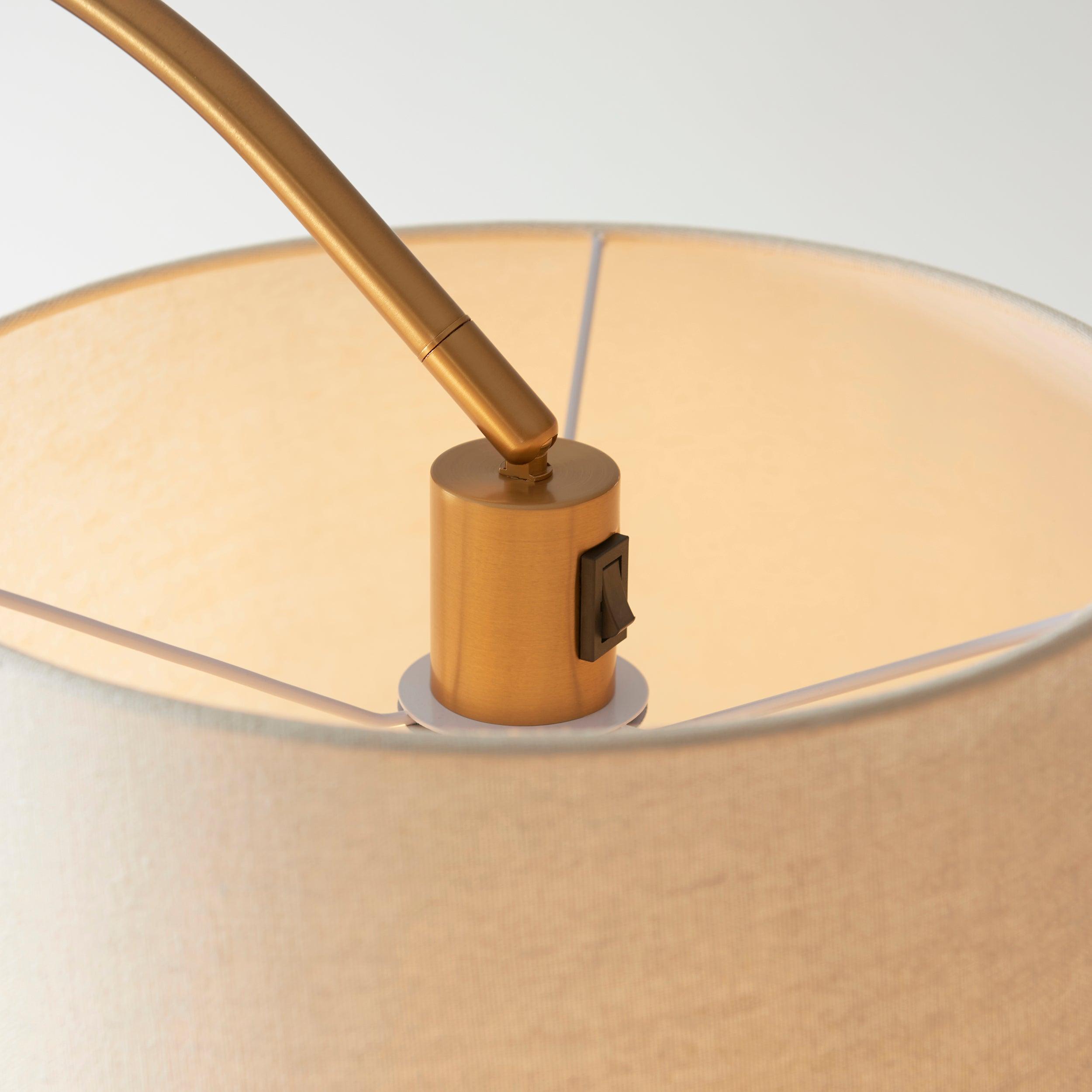 carlson brass modern floor lamp natural shade by Endon Lighting Bedroom Close Up Image