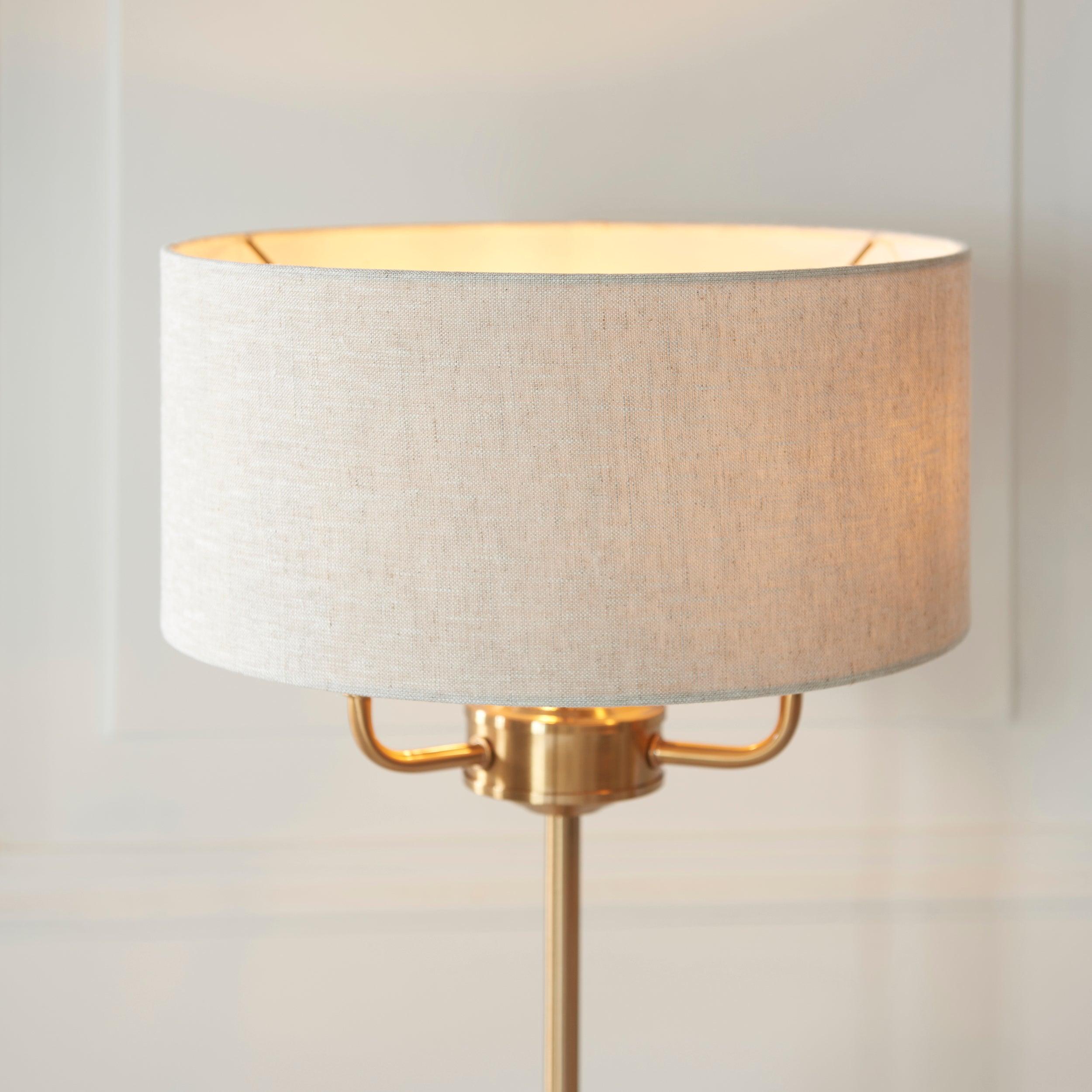highclere vintage brass 3 light table lamp linen shade by Endon Lighting Hallway lights Close Up