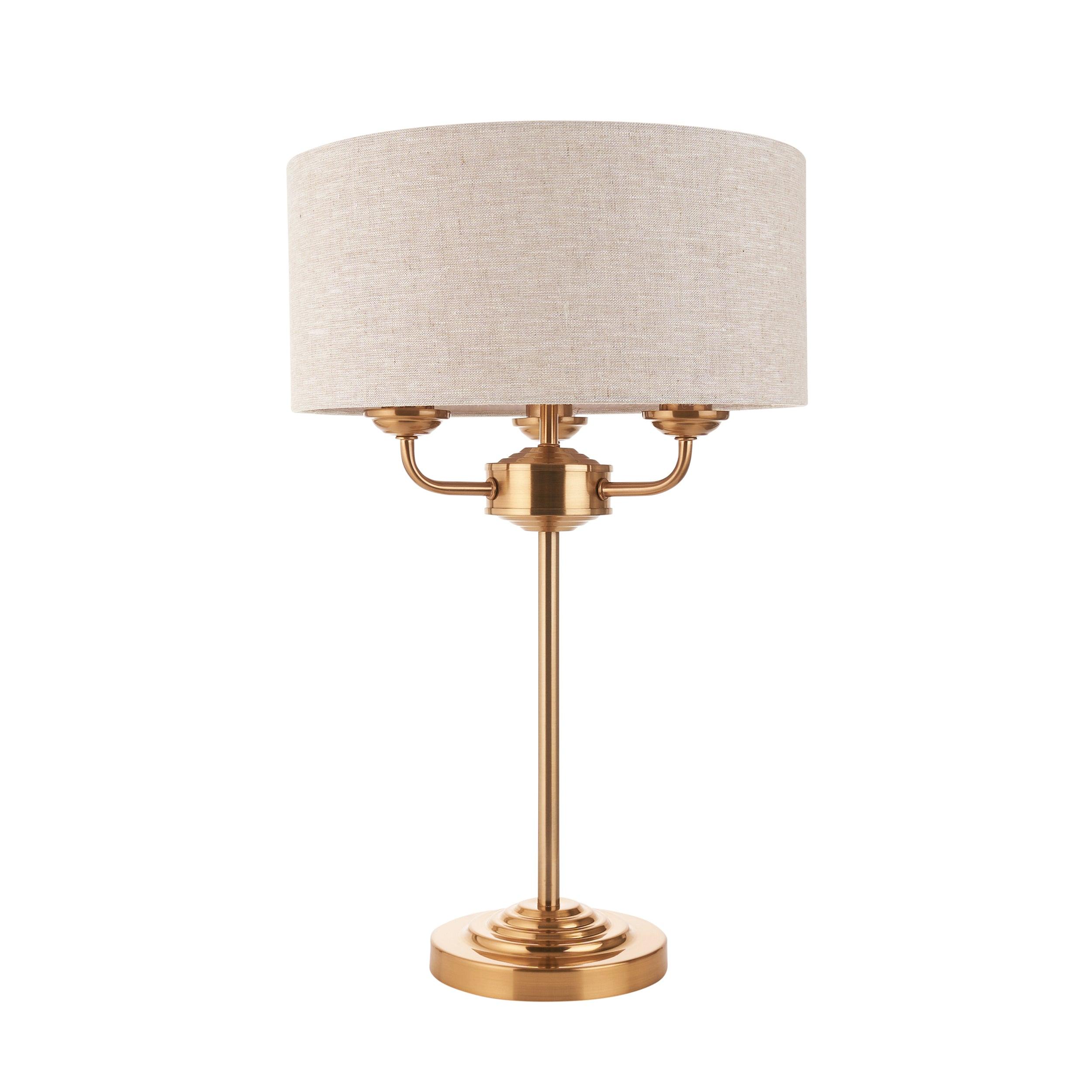 highclere vintage brass 3 light table lamp linen shade by Endon Lighting Kitchen Lights CLose Up