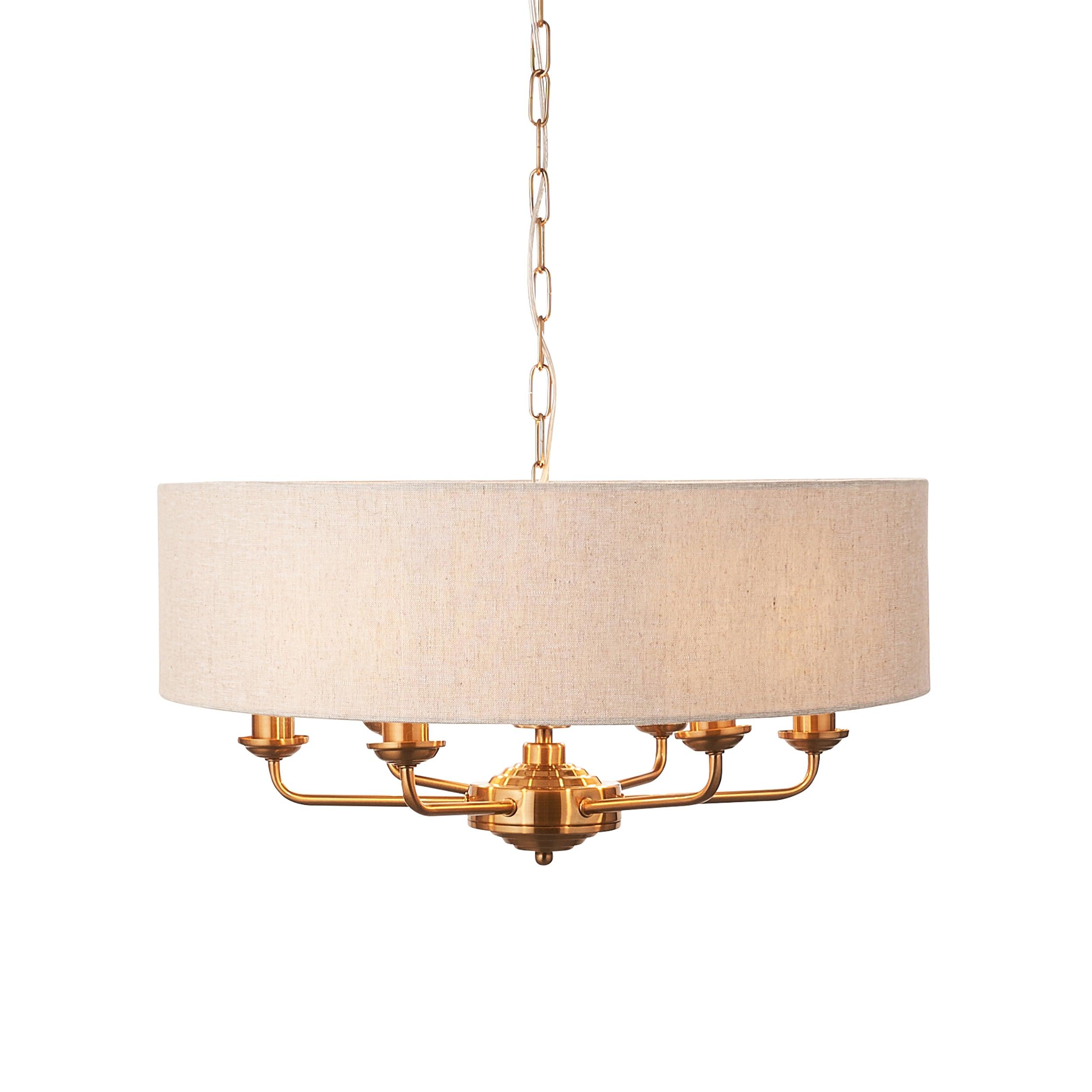 highclere vintage brass 6 light pendant linen shade by Endon Lighting Living Room Close Up 18