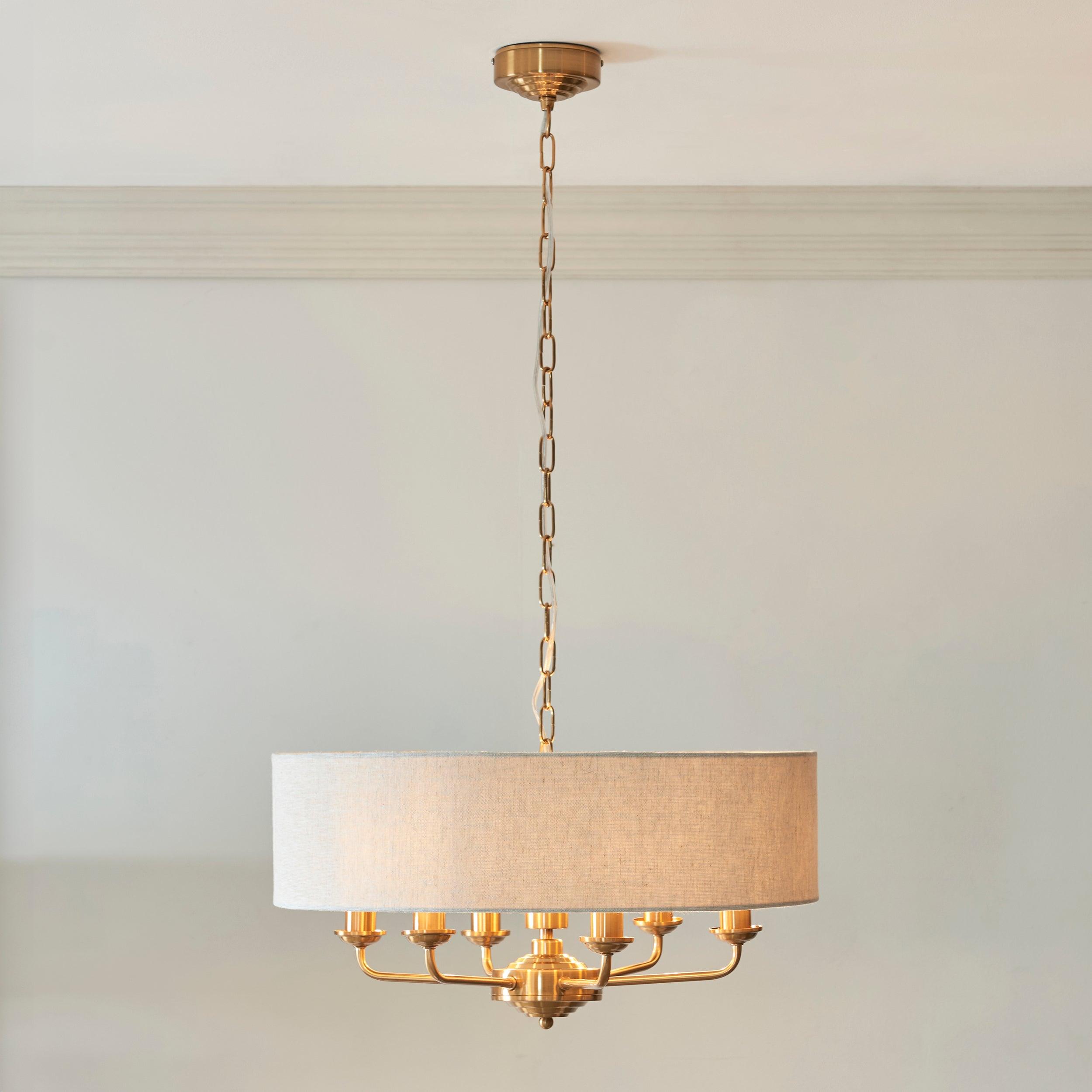 highclere vintage brass 6 light pendant linen shade by Endon Lighting Living room image