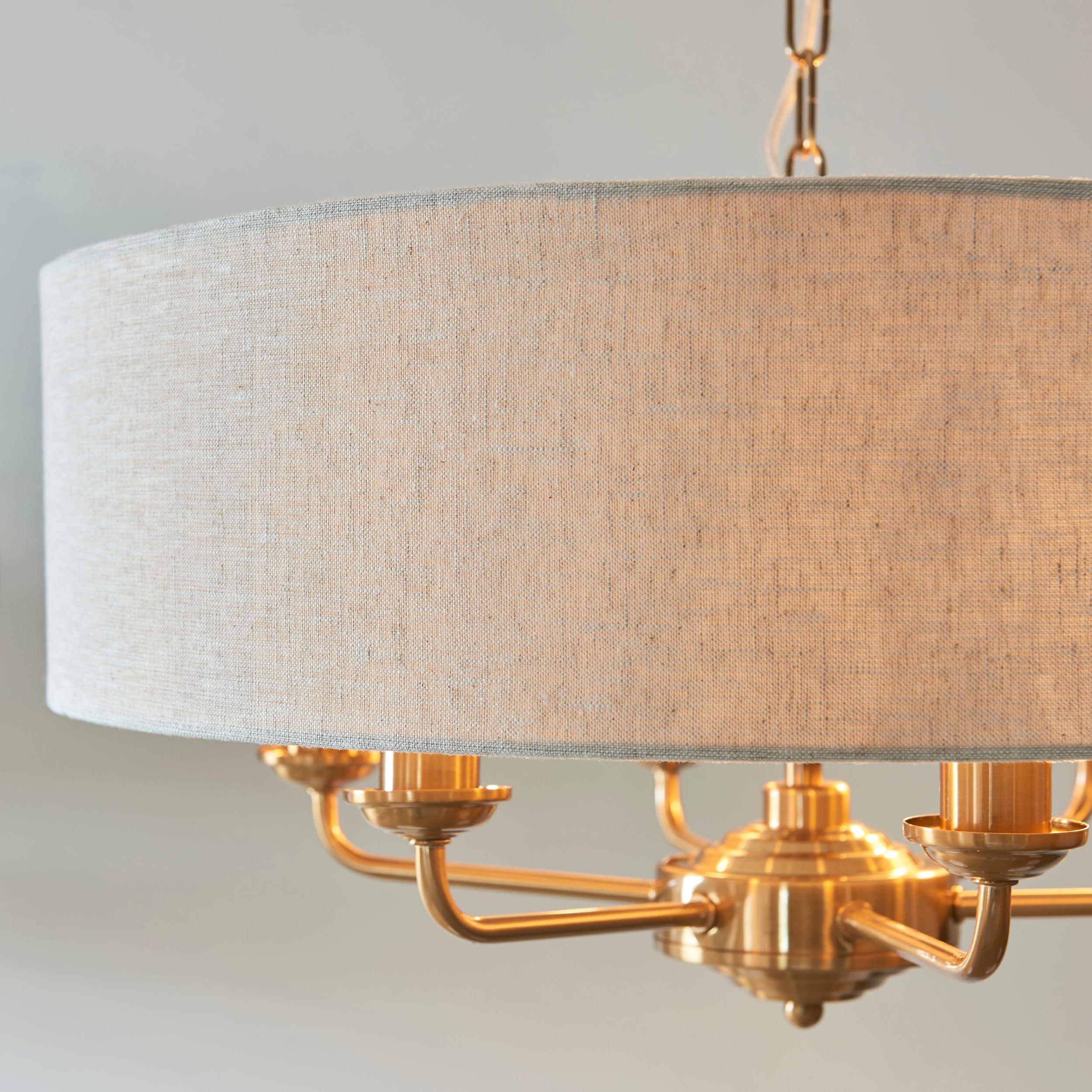 highclere vintage brass 6 light pendant linen shade by Endon Lighting Bedroom Close Up Image