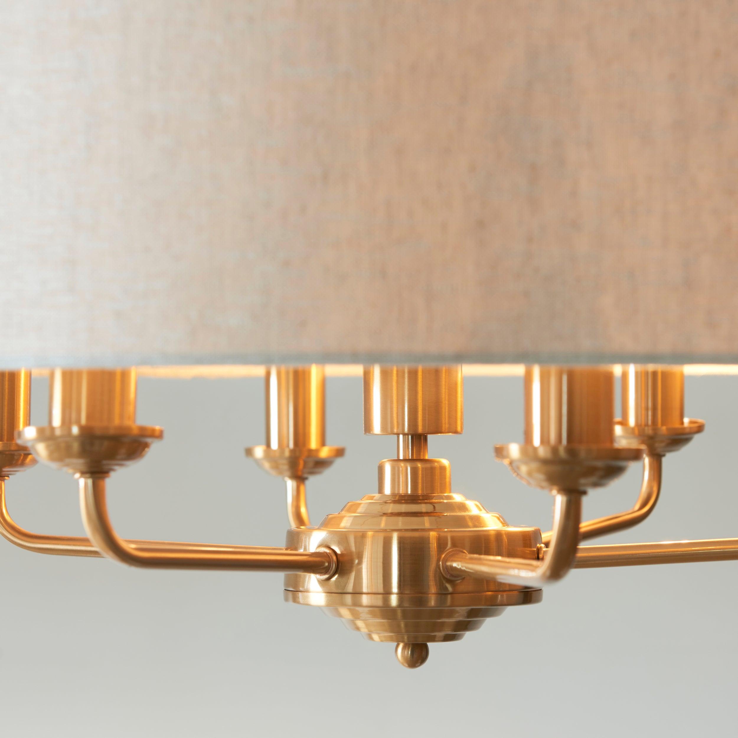 highclere vintage brass 6 light pendant linen shade by Endon Lighting Living Room Unlit Shot