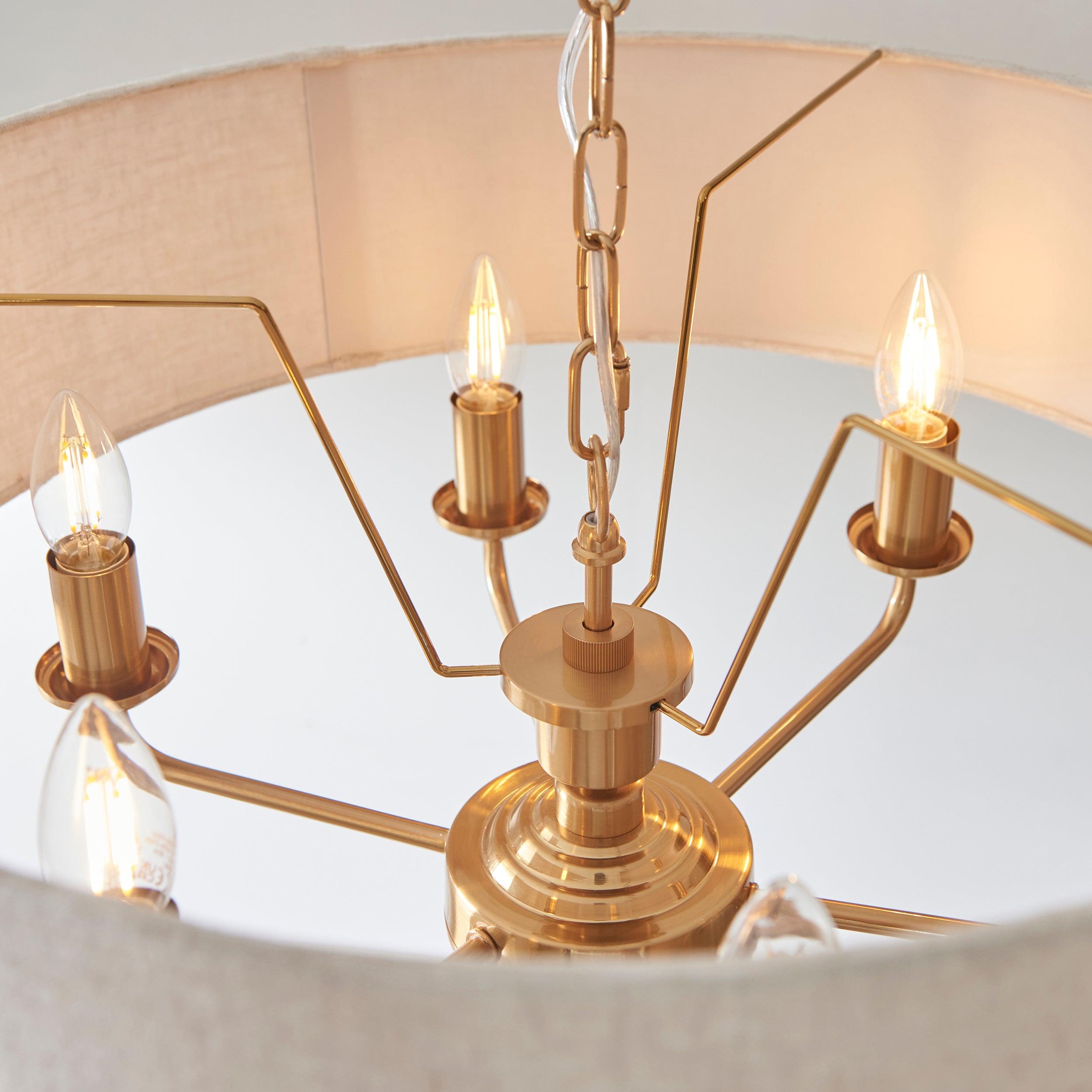 highclere vintage brass 6 light pendant linen shade by Endon Lighting Bedroom Hero Shot