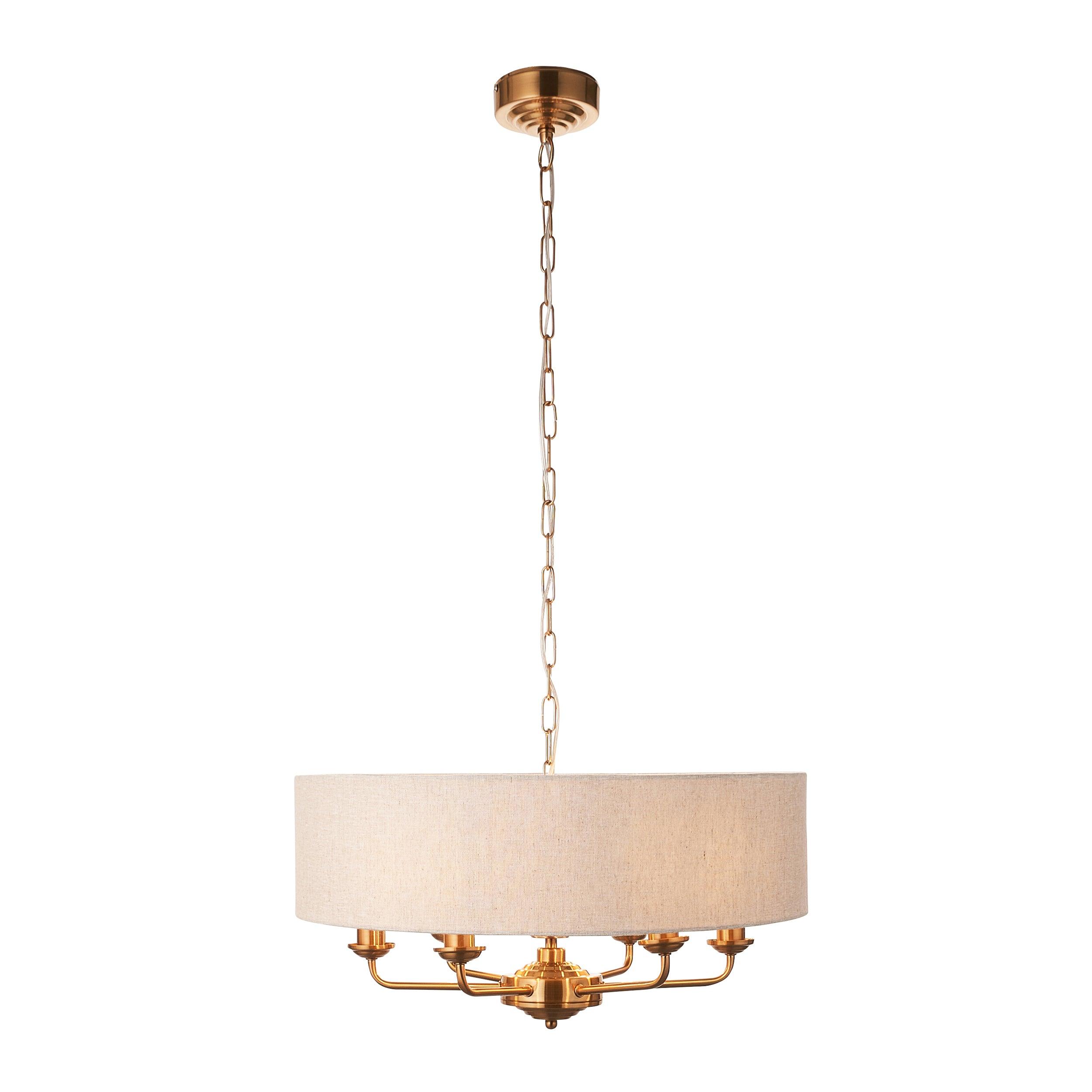 highclere vintage brass 6 light pendant linen shade by Endon Lighting Living room close up image