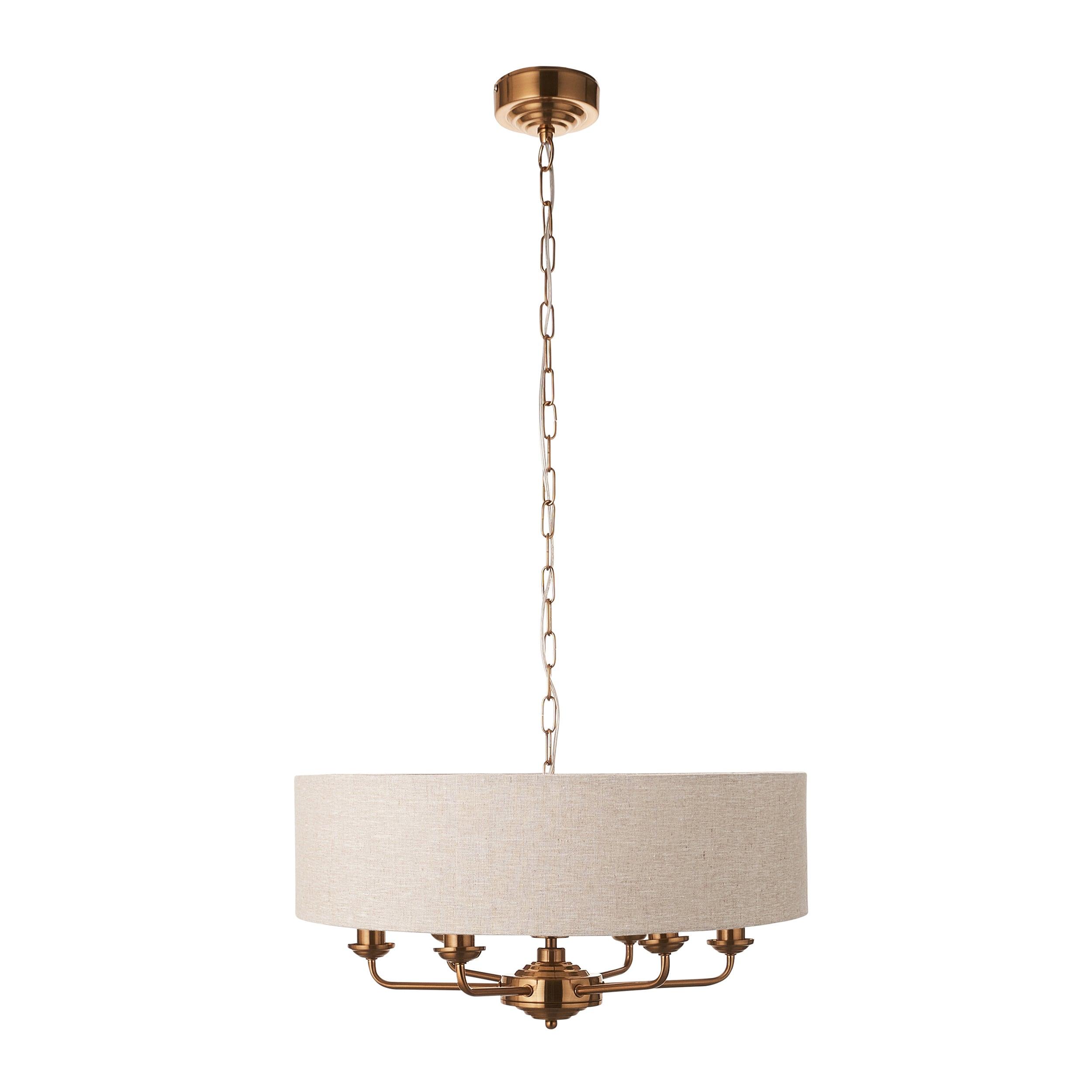 highclere vintage brass 6 light pendant linen shade by Endon Lighting Hallway lights Close Up