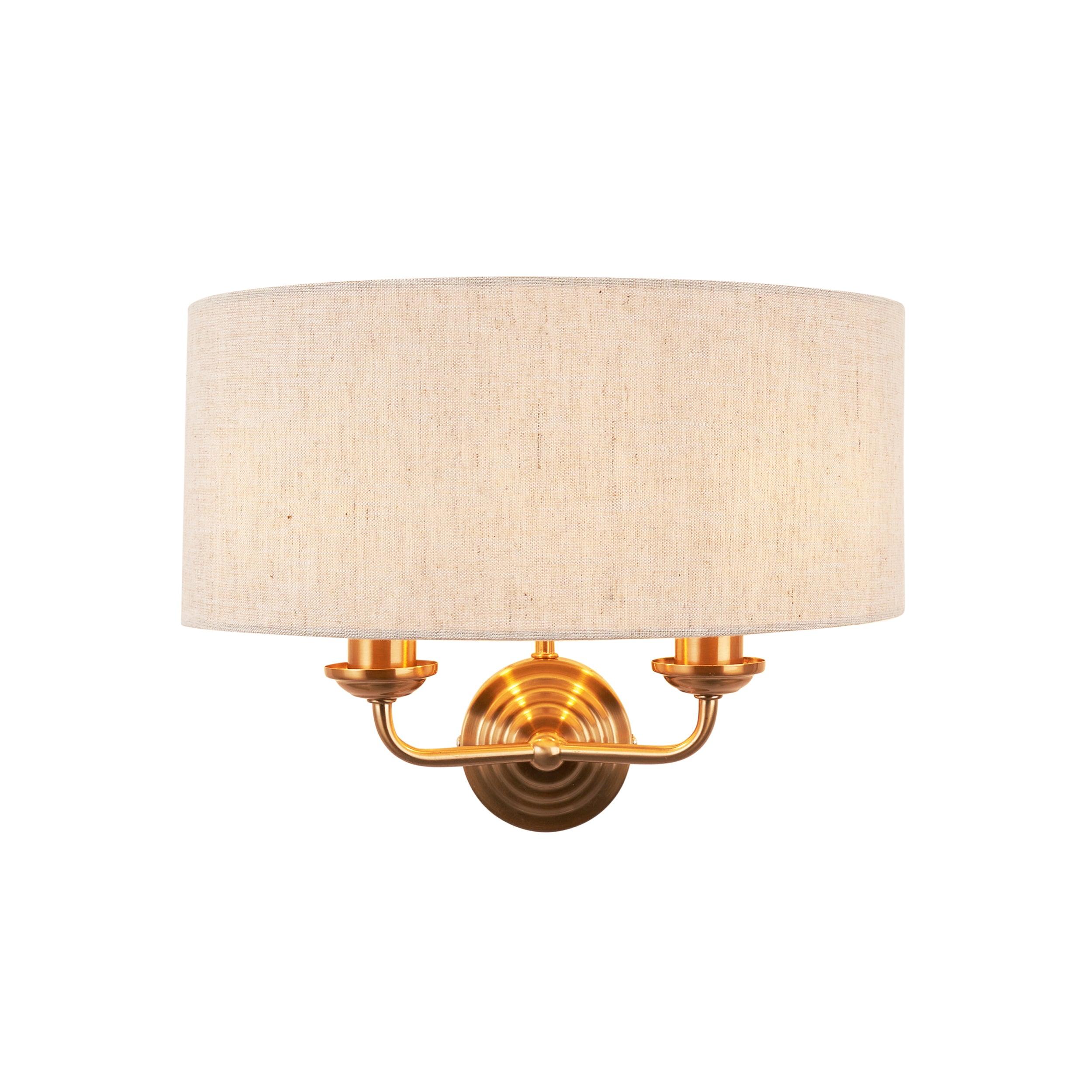 highclere brass wall light natural linen shade by Endon Lighting Living Room Close Up 26