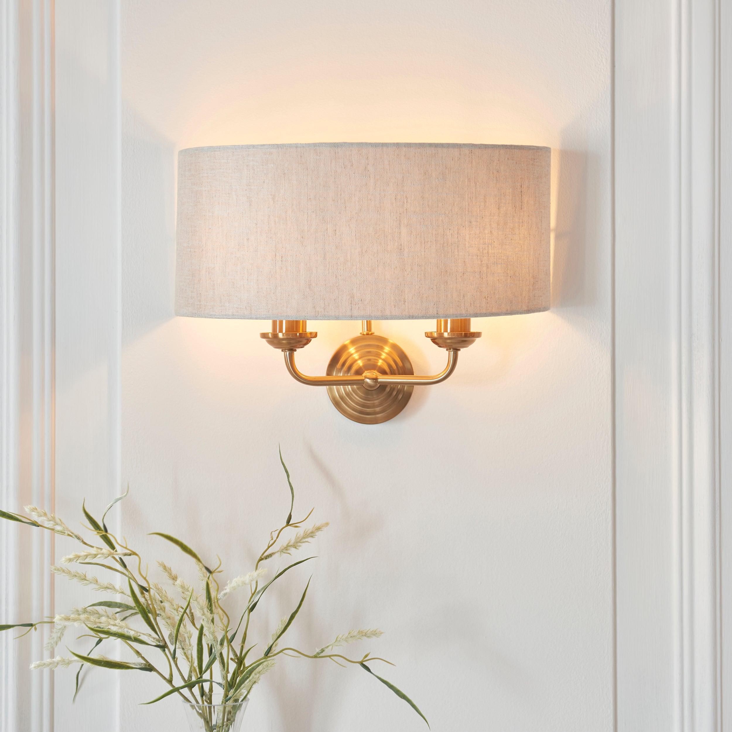 Endon Highclere Brass Wall Light - Natural Linen Shade-WAREHOUSE-40-100226