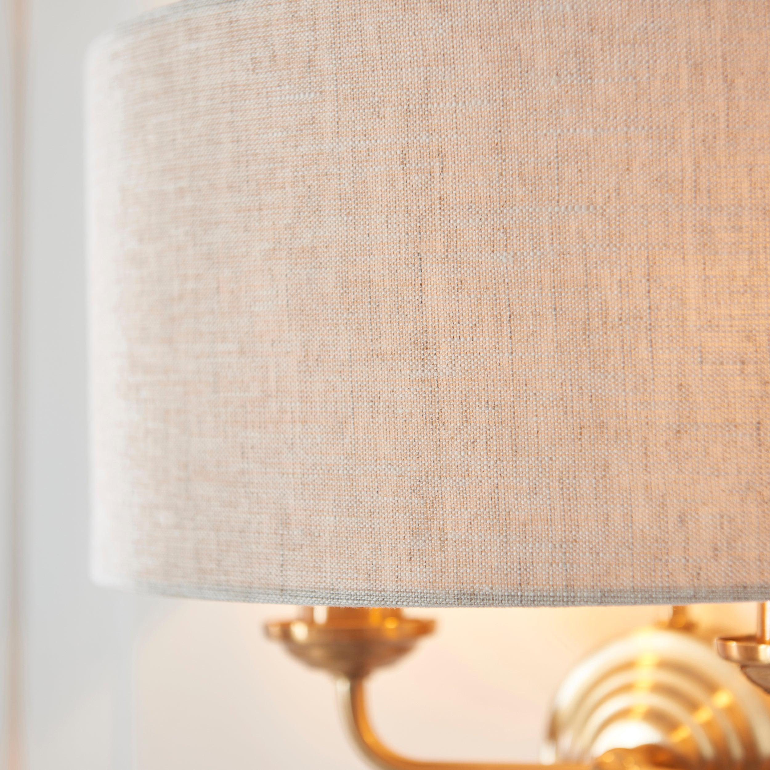 highclere brass wall light natural linen shade by Endon Lighting Hallway lights Close Up