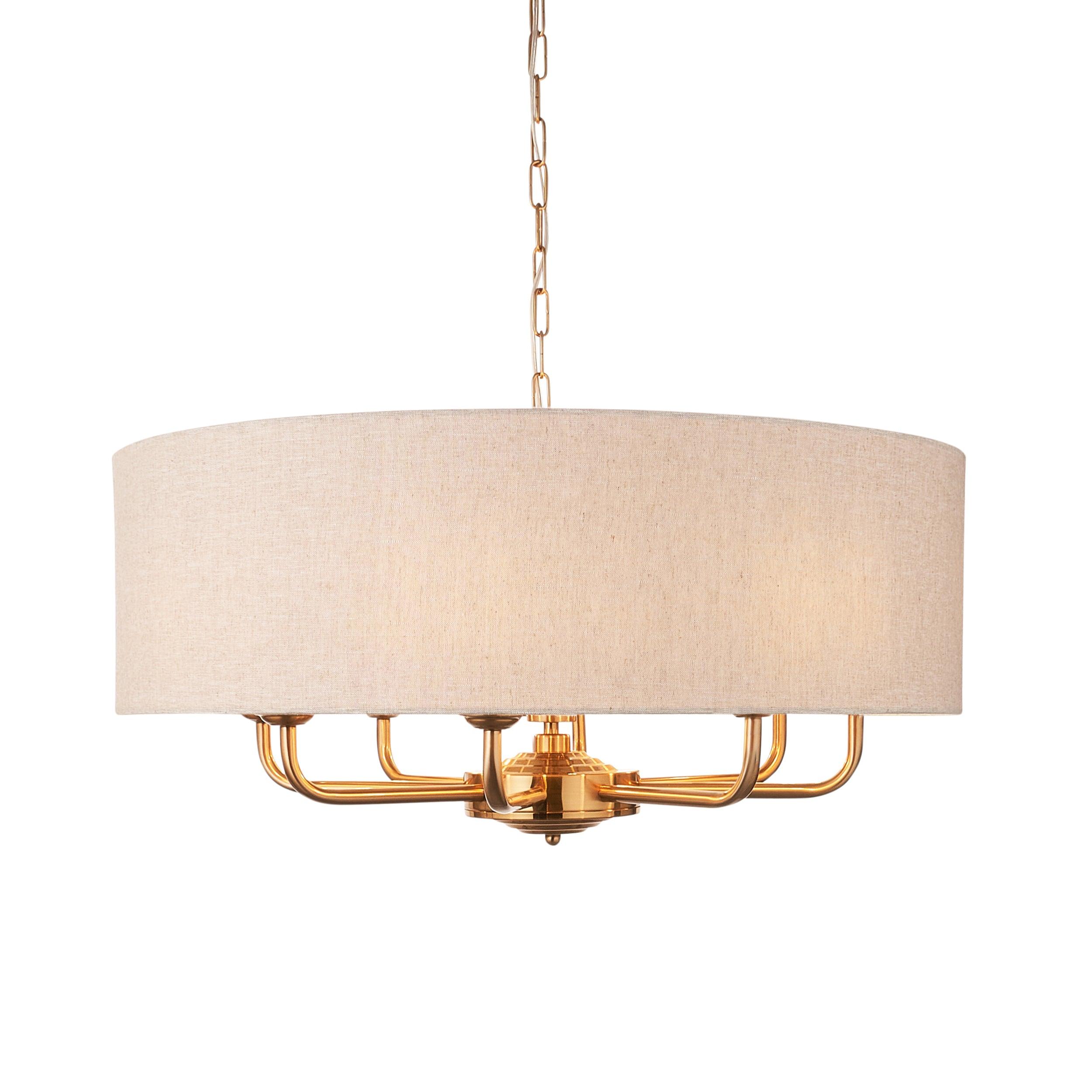 highclere vintage brass 8 light pendant linen shade by Endon Lighting Kitchen Lights