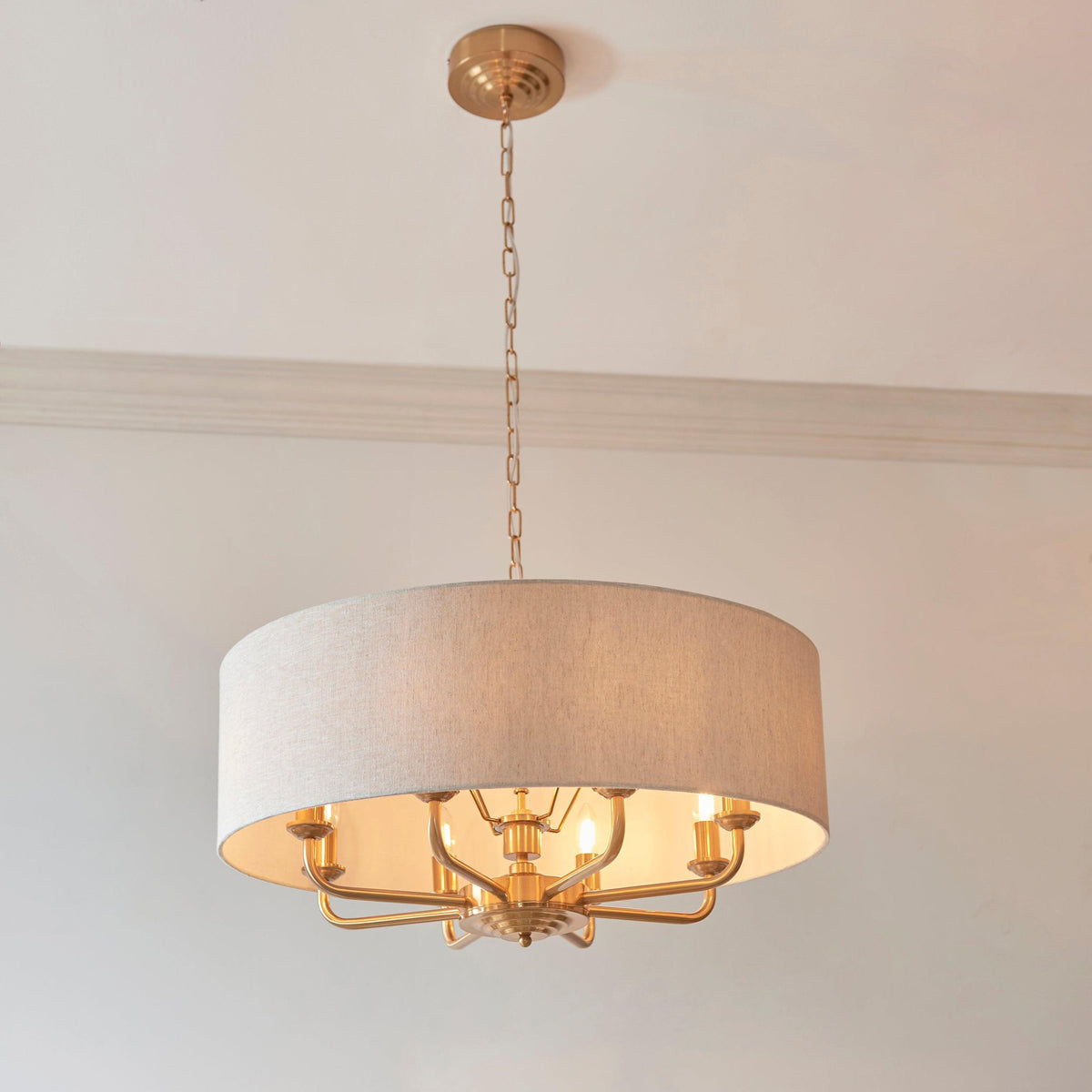 Endon Highclere Vintage Brass 8 Light Pendant - Linen Shade-warehouse-180926