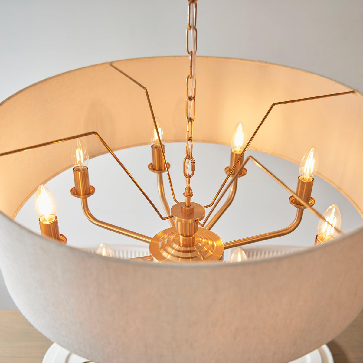 Endon Highclere Vintage Brass 8 Light Pendant - Linen Shade-warehouse-180926