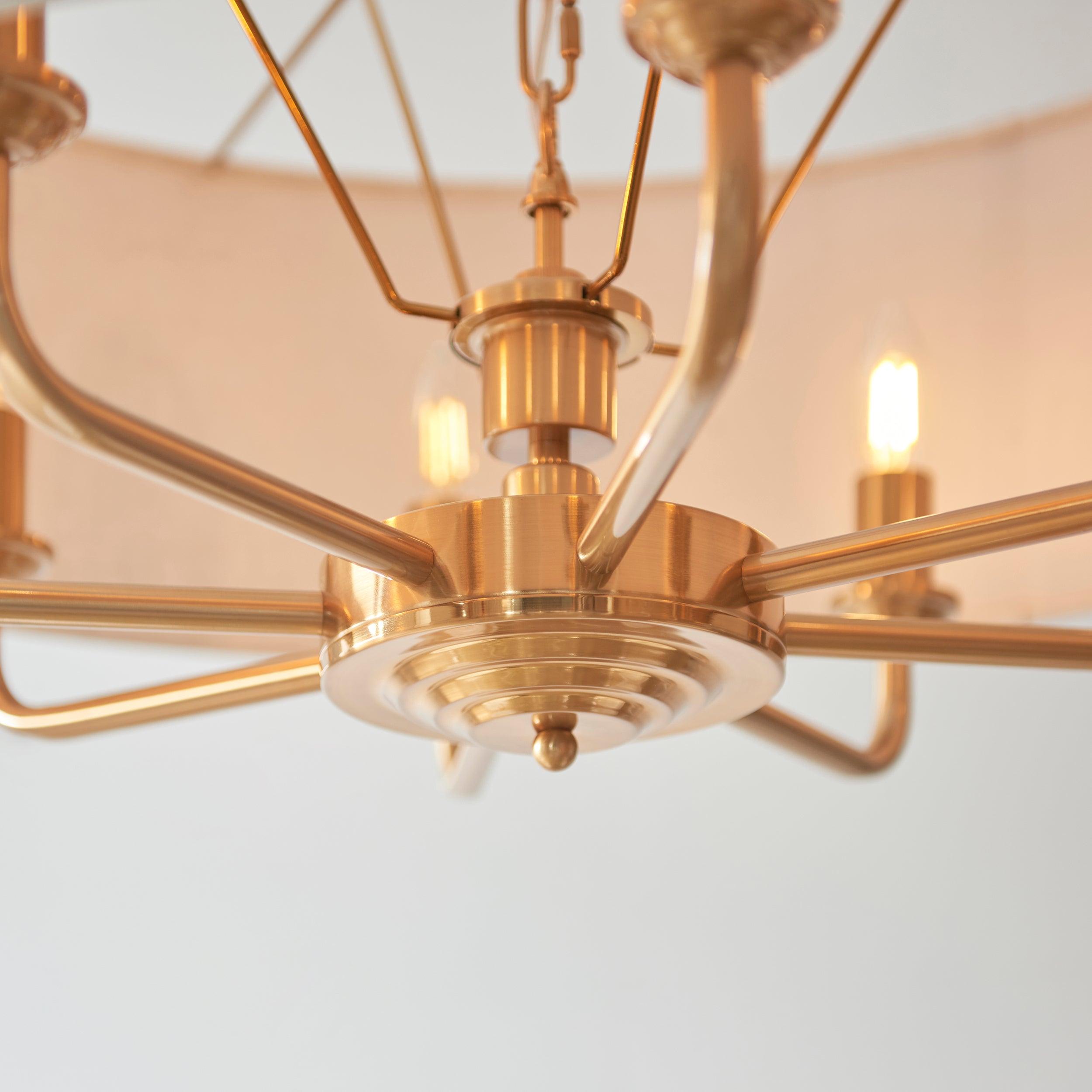 highclere vintage brass 8 light pendant linen shade by Endon Lighting Bedroom Close Up Image