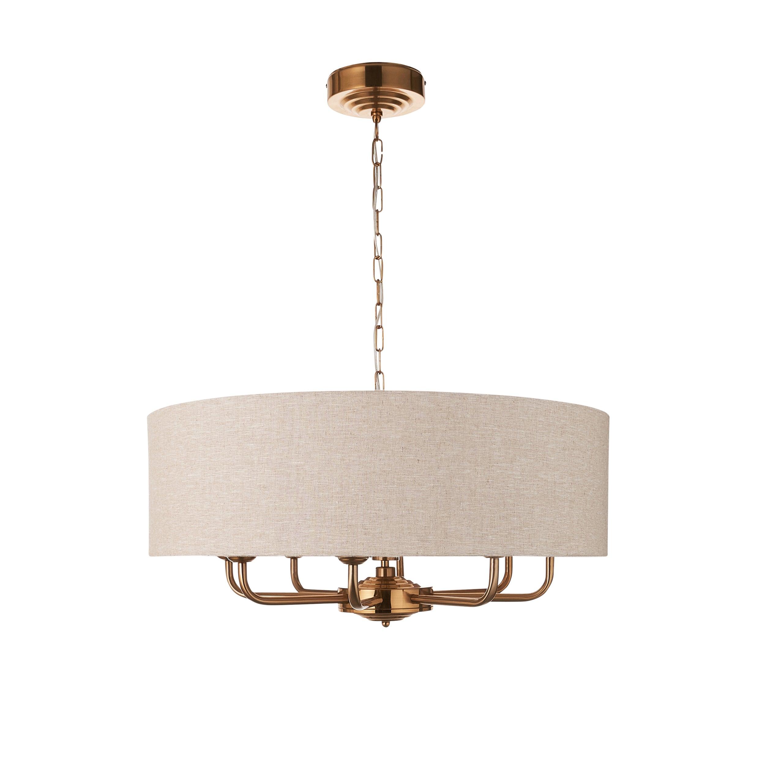 highclere vintage brass 8 light pendant linen shade by Endon Lighting Hallway lights Close Up