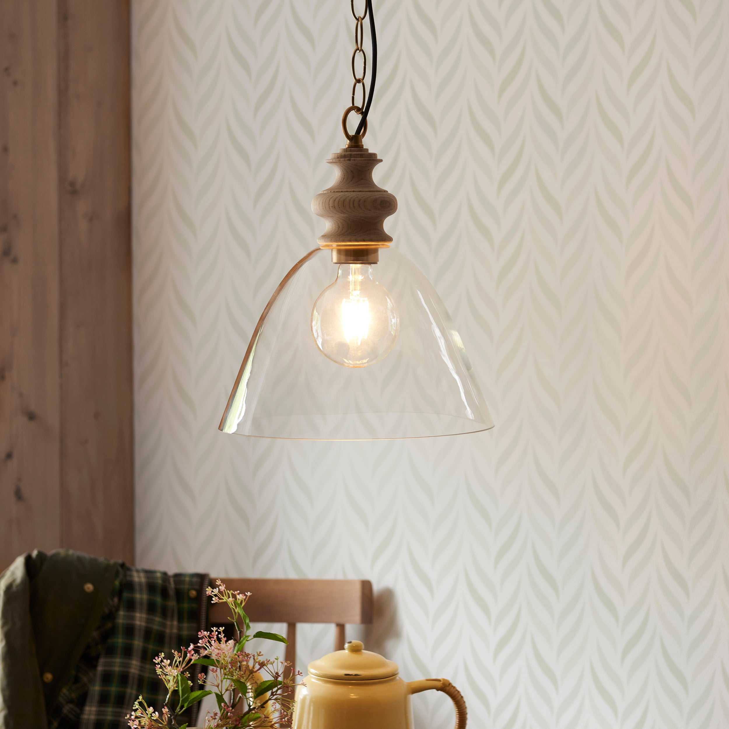 Cotswold Wood Pendant Ceiling Light with Glass Shade