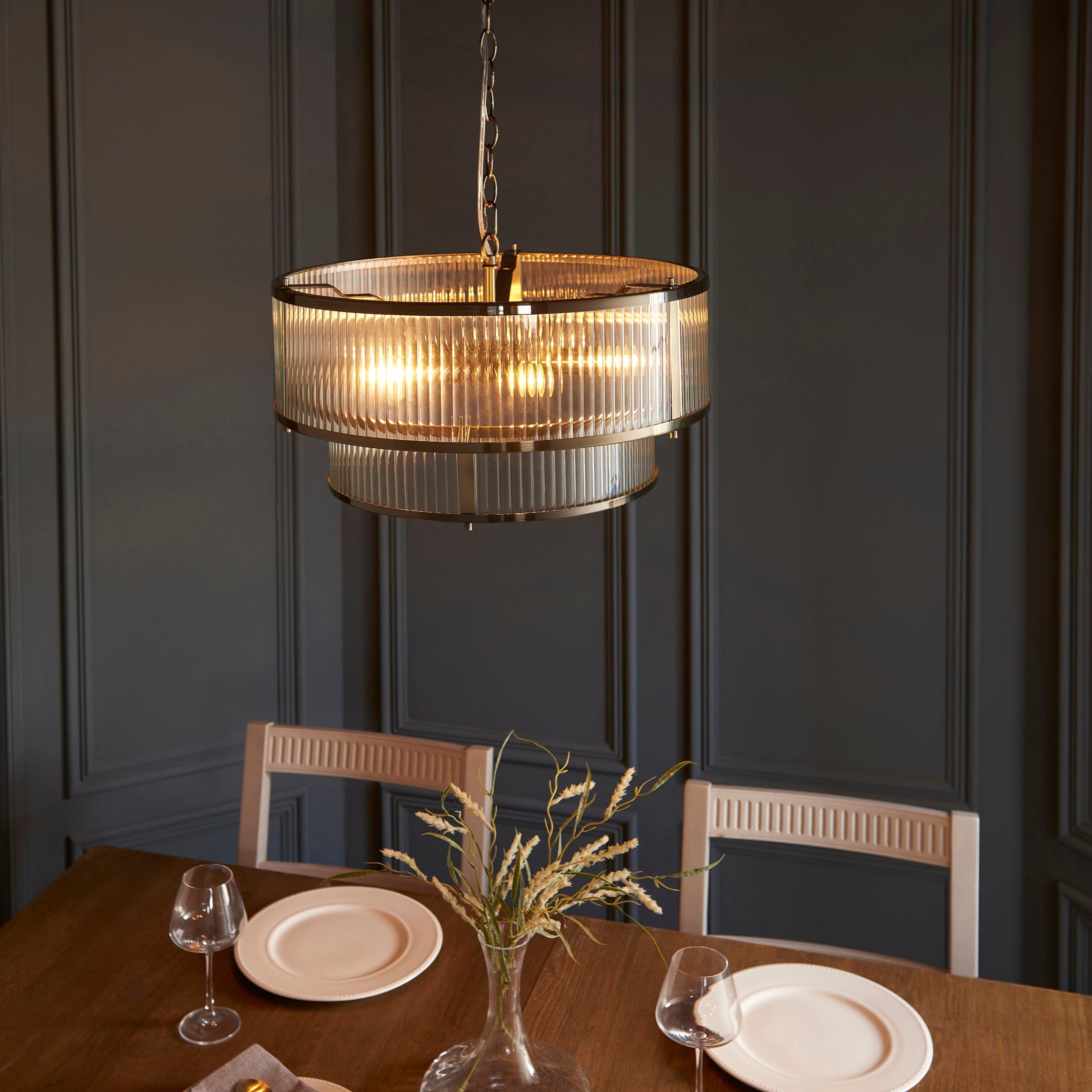 ridgeton 5 light brass ribbed shade glass pendant by Endon Lighting Living room close up image