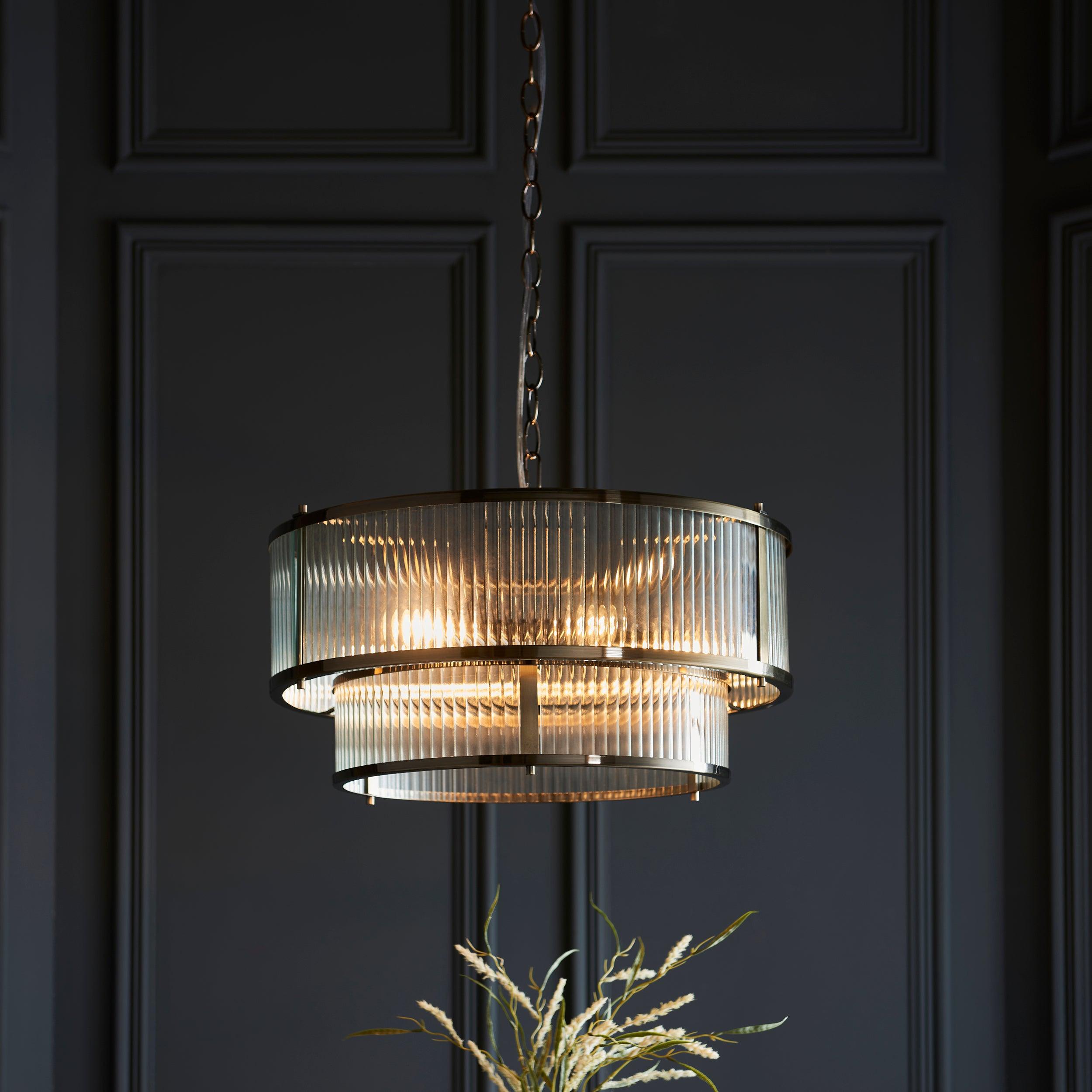 ridgeton 5 light brass ribbed shade glass pendant by Endon Lighting Living Room Close Up 27