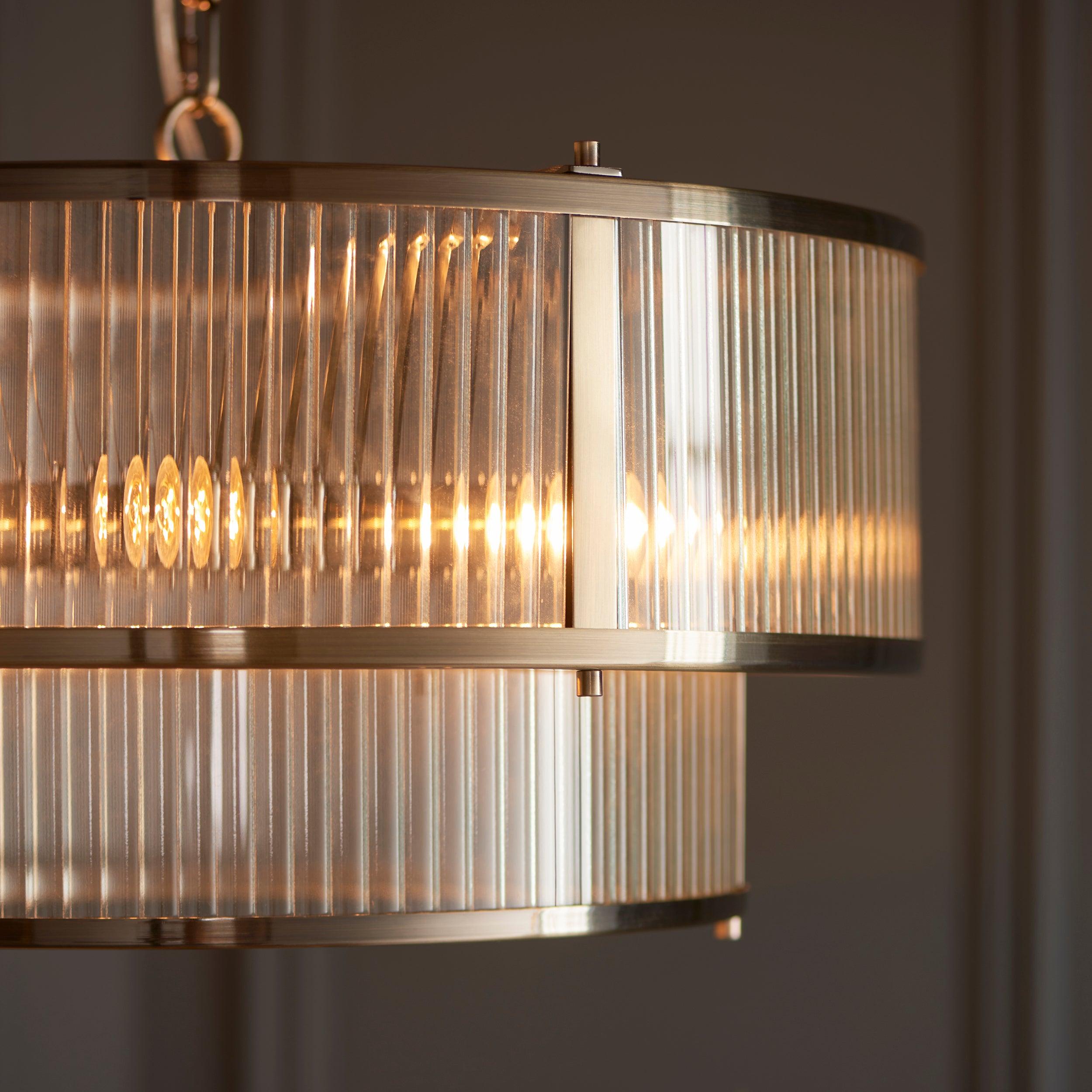ridgeton 5 light brass ribbed shade glass pendant by Endon Lighting Bedroom Hero Shot
