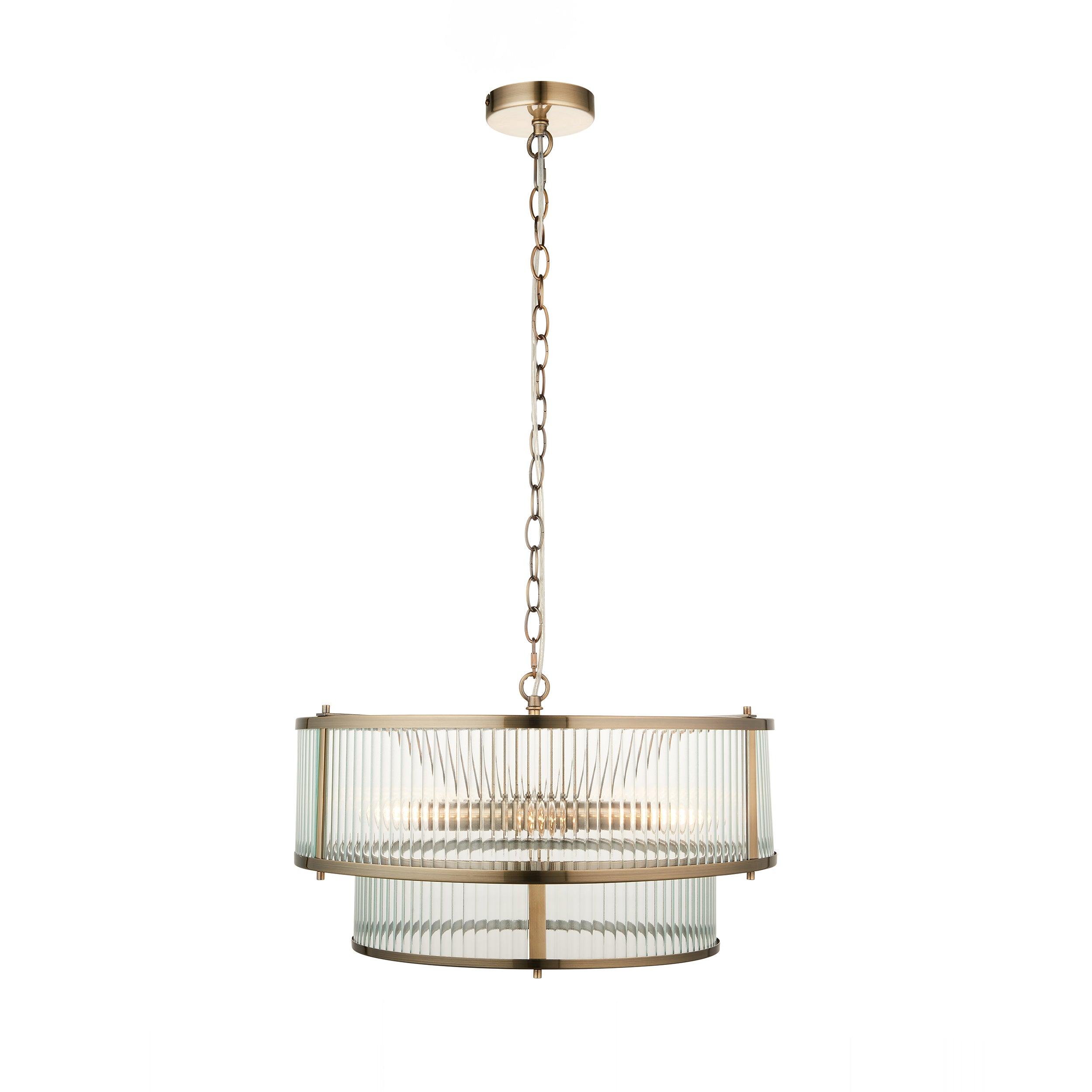 ridgeton 5 light brass ribbed shade glass pendant by Endon Lighting Living Room Family Shot